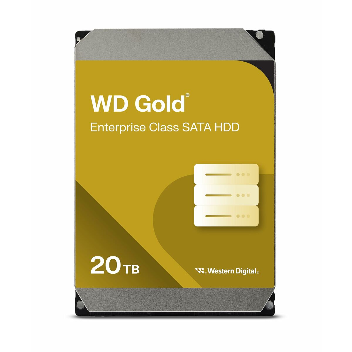 WD Gold Enterprise Class SATA HDD, 20TB, na białym tle.