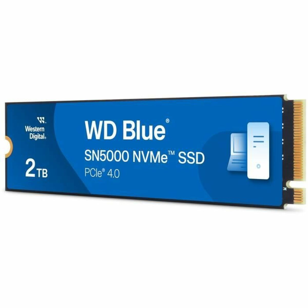 WD Blue SN5000 NVMe SSD na białym tle. Widoczny tekst i logo.