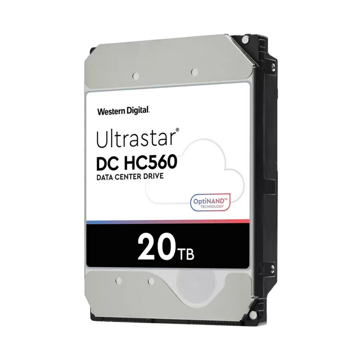 Dysk twardy Western Digital Ultrastar 20 TB. Biała etykieta, czarna obudowa. Białe tło.