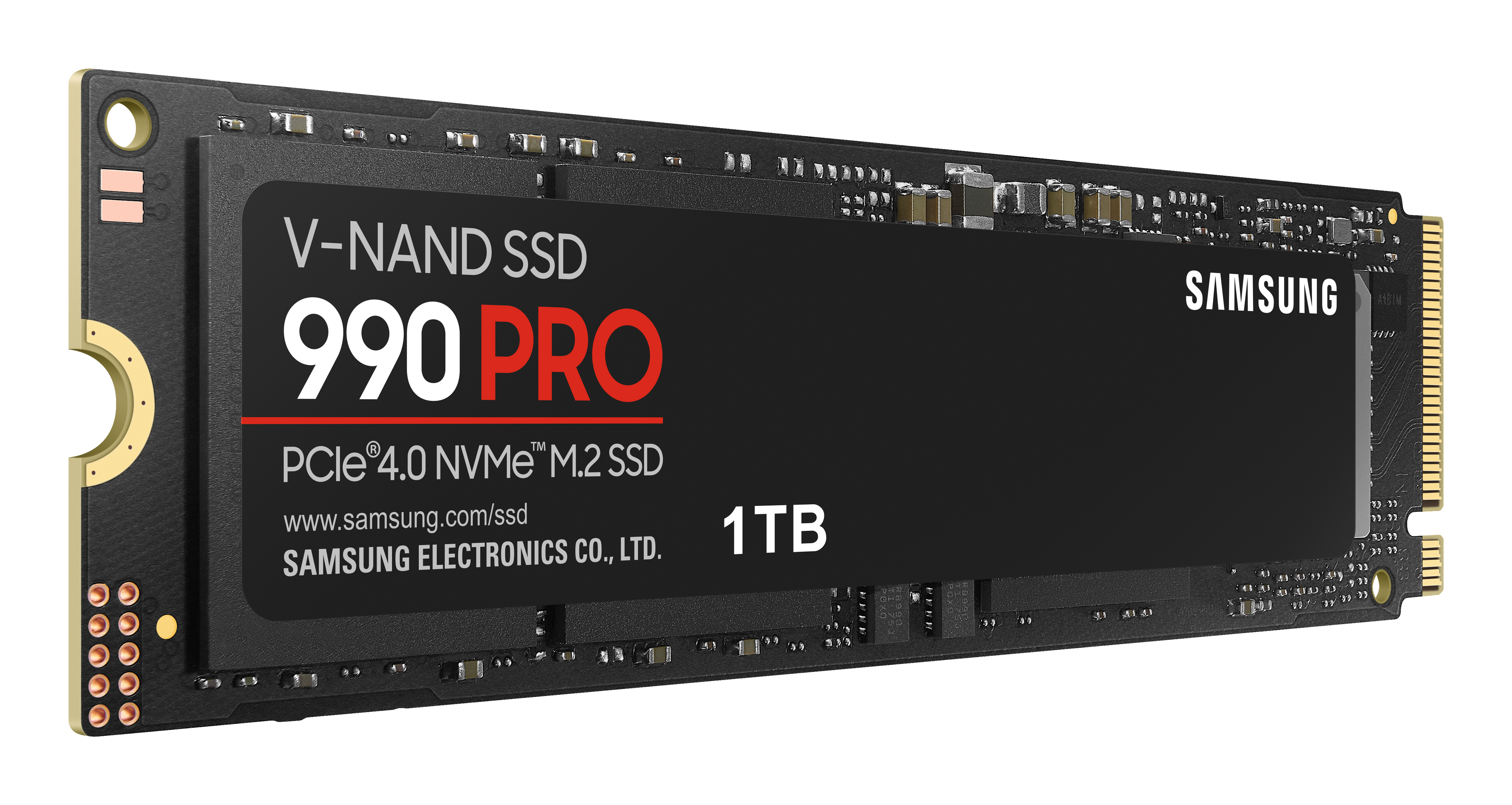 Czarny dysk SSD z marką Samsung i tekstem '990 PRO'. Białe tło.