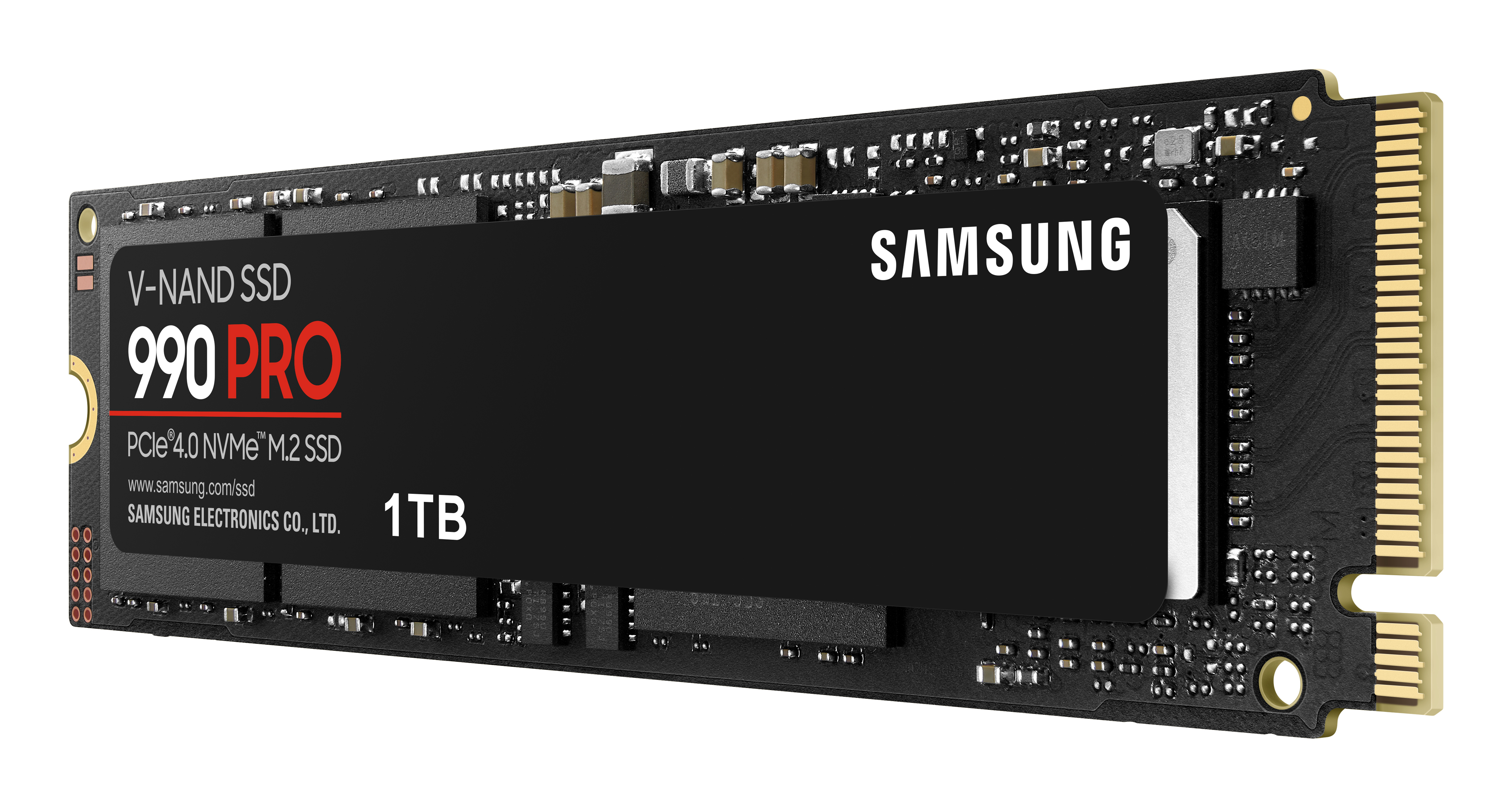 Czarny dysk SSD z etykietą, białe tło, Samsung V-NAND 990 PRO 1TB.