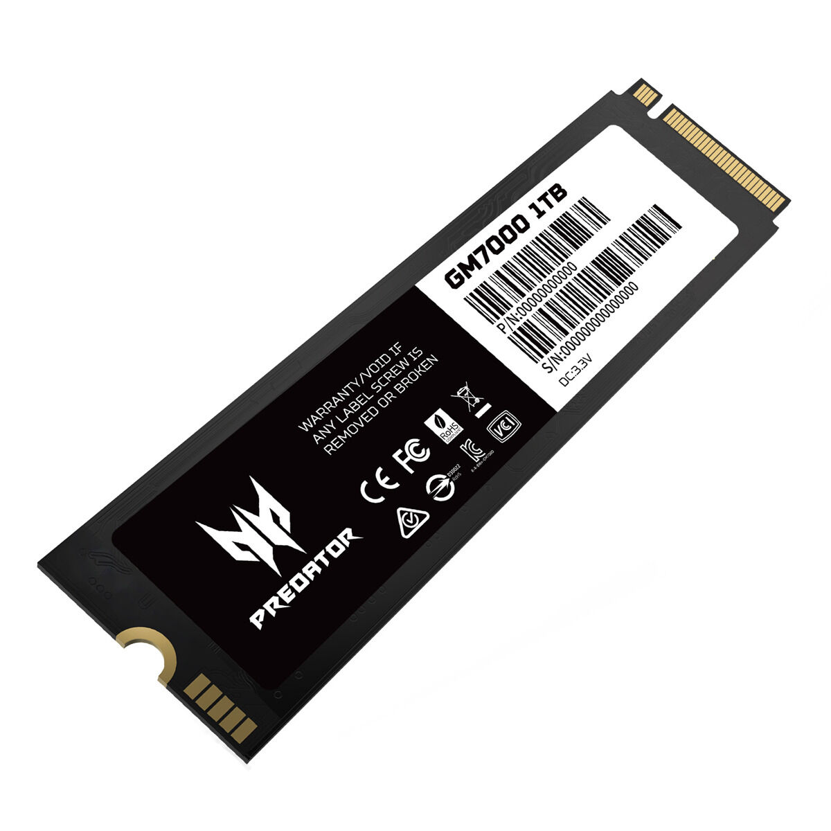 Czarny i srebrny dysk SSD Predator z białą etykietą, na białym tle. To dysk 1 TB.