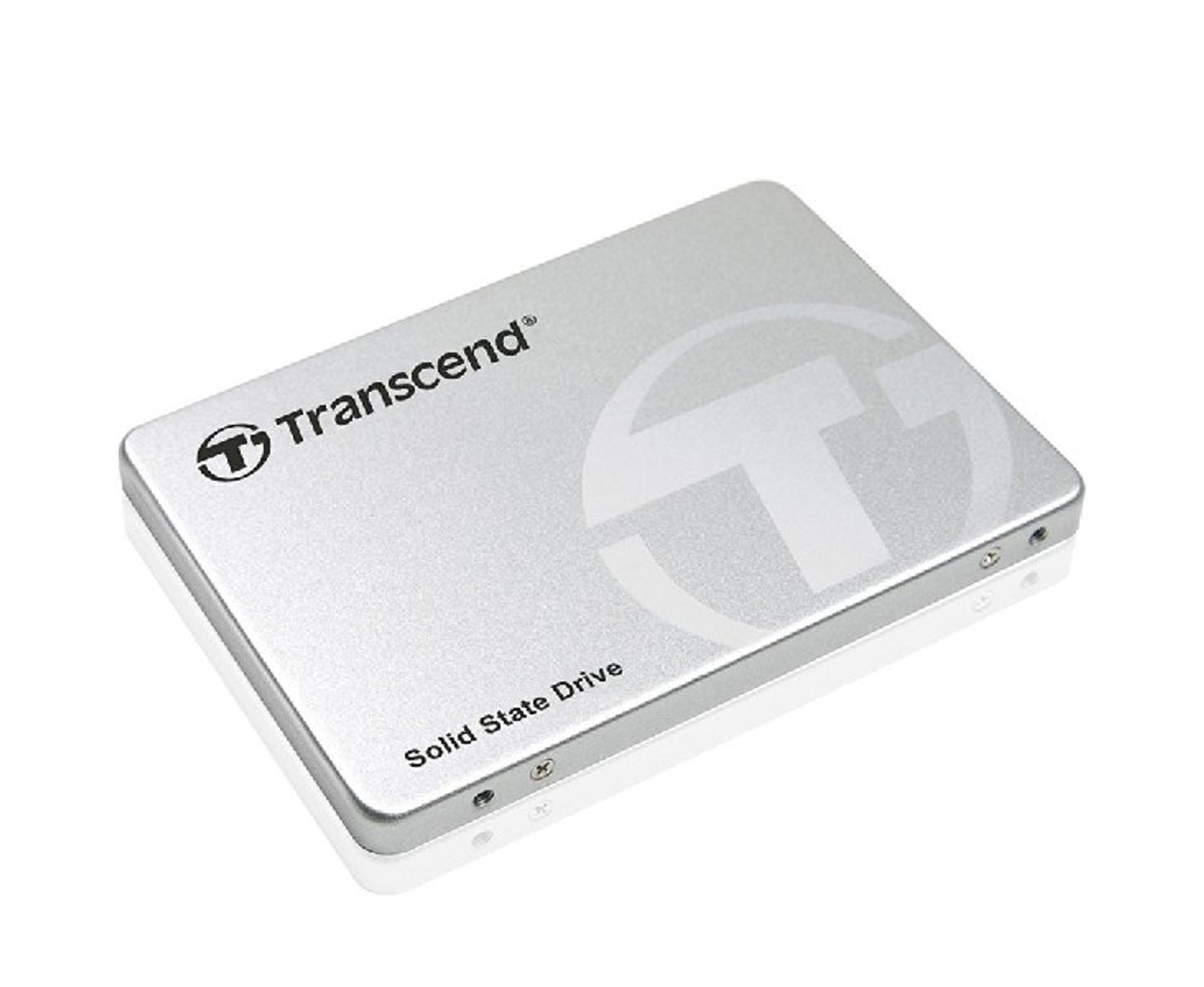 Srebrny dysk SSD Transcend. Białe tło.
