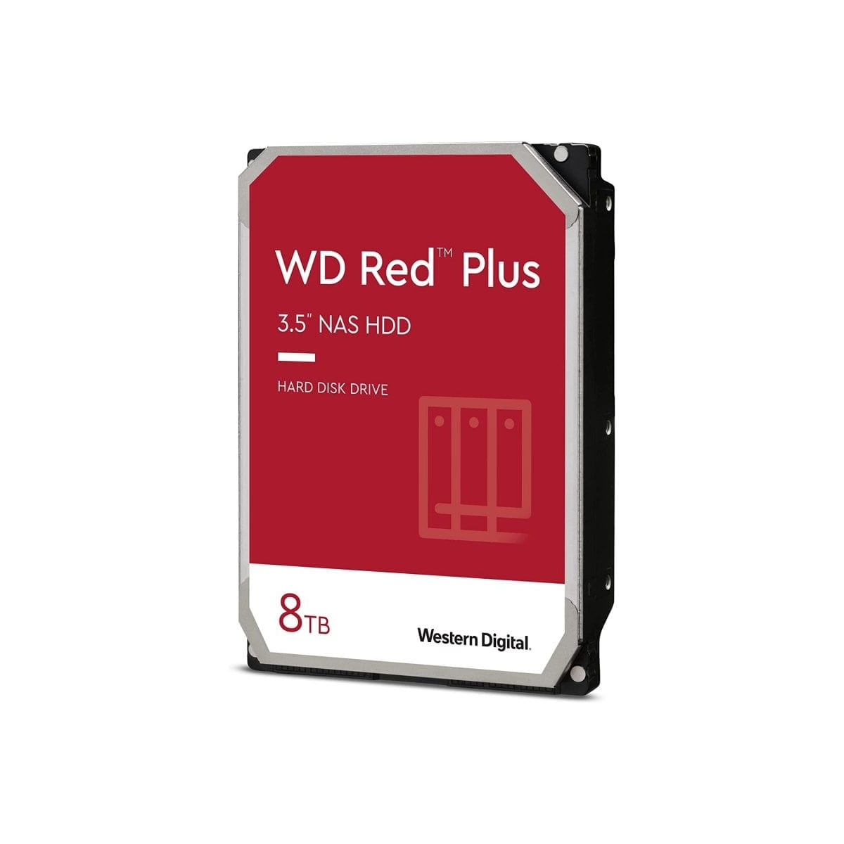 Dysk twardy WD Red Plus. Czerwona i czarna etykieta z tekstem. Pojemność 8 TB.