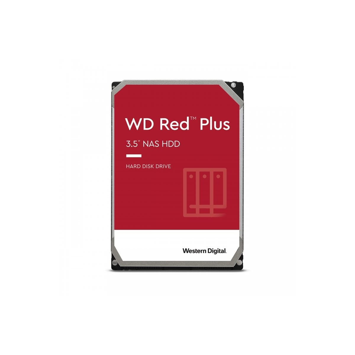WD Red Plus 3,5" NAS HDD mit Etikett auf weißem Hintergrund.