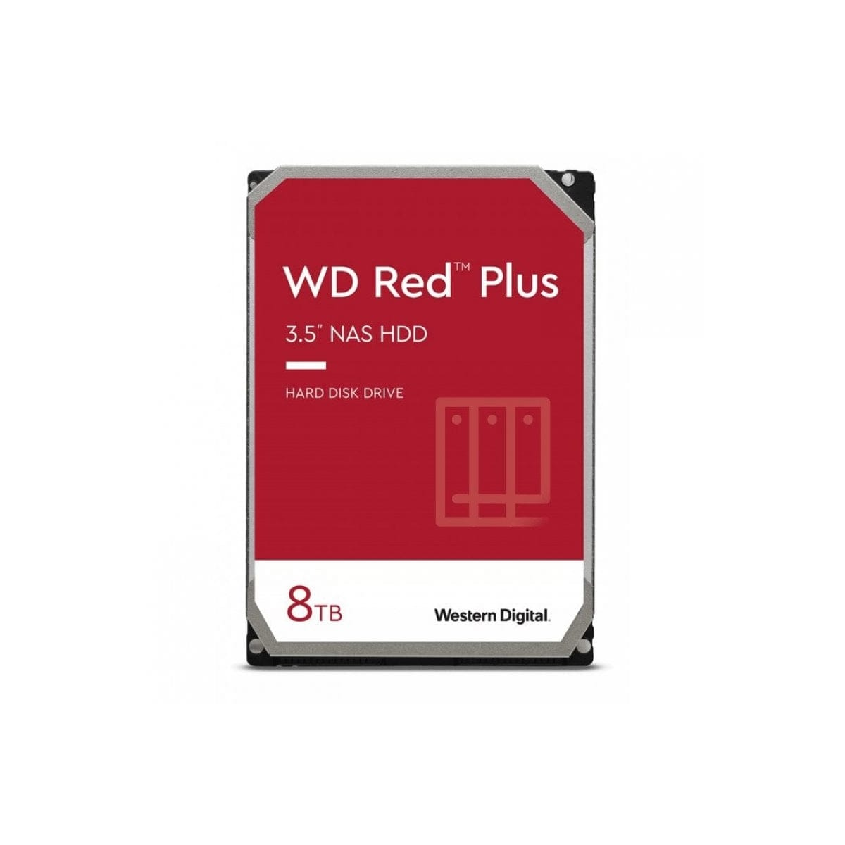 Dysk twardy WD Red Plus. Czerwony i czarny napęd z tekstem i logo, białe tło.