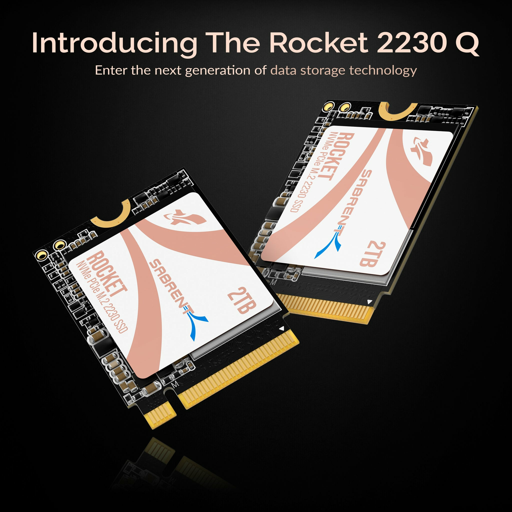 Dwa dyski SSD Sabrent Rocket na czarnym tle. Tekst: Introducing The Rocket 2230 Q.