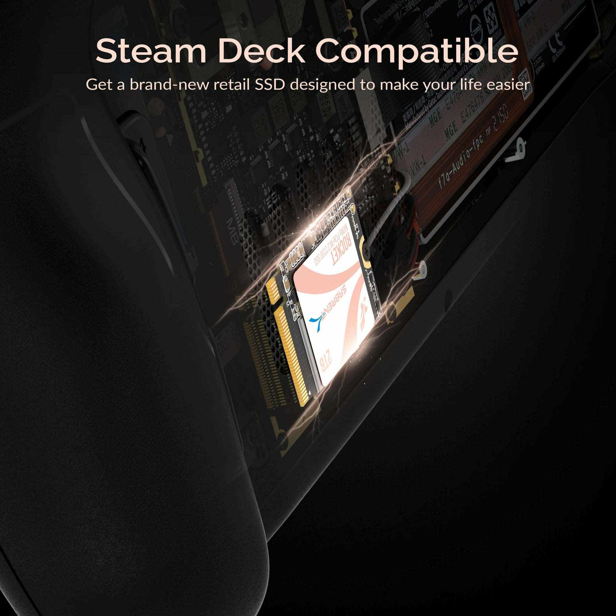 SSD na Steam Deck, nakładka tekstowa: Zgodny z Steam Deck, SSD detaliczny, i więcej.