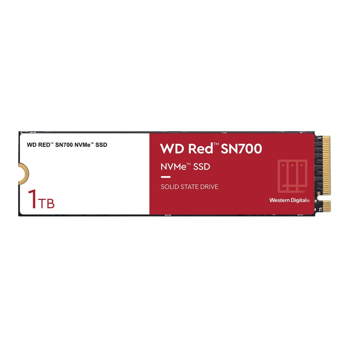 Czerwono-czarny dysk SSD NVMe WD Red SN700 na białym tle.