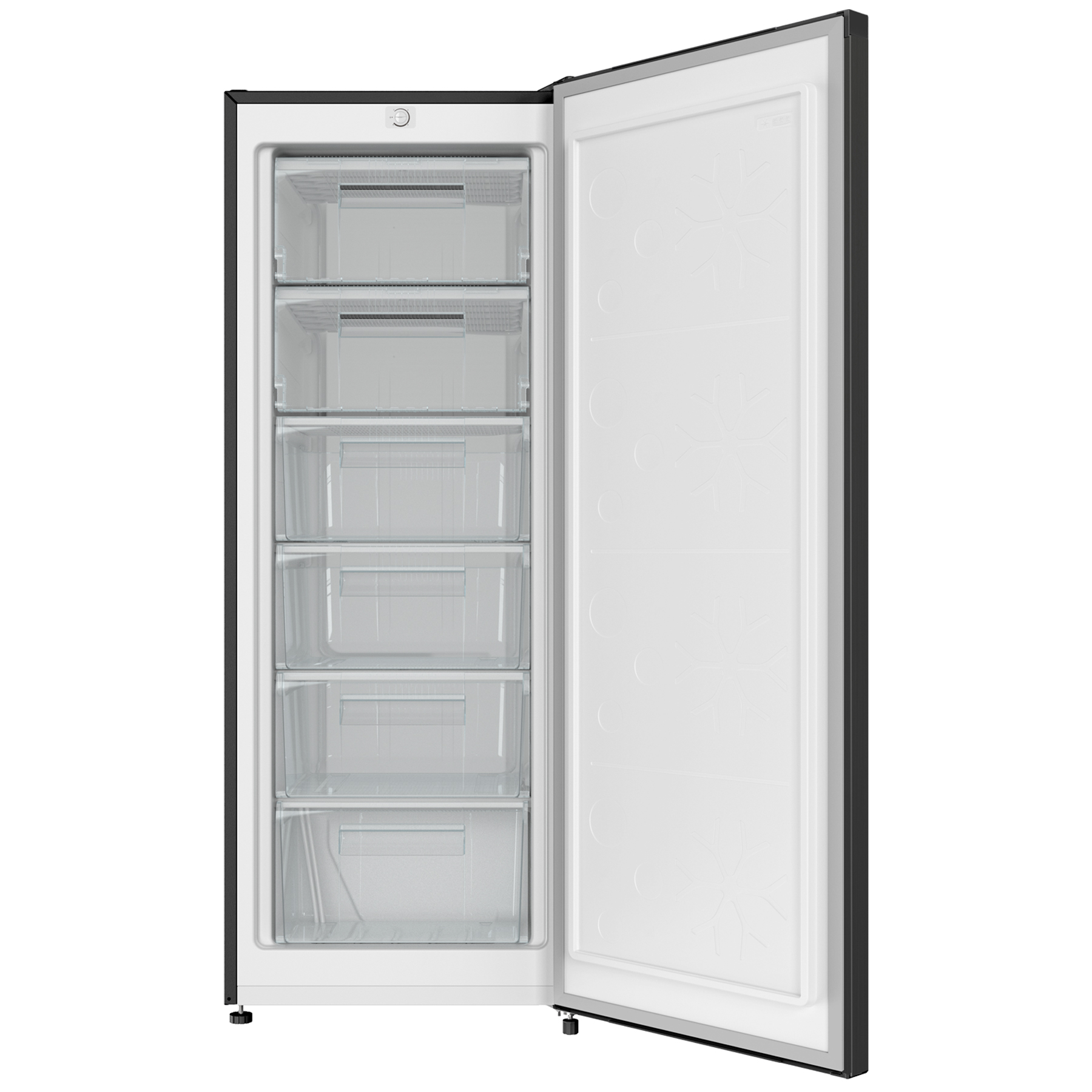 Congelador vertical negro con puerta abierta, mostrando cajones e interior blanco. Aislado en blanco.