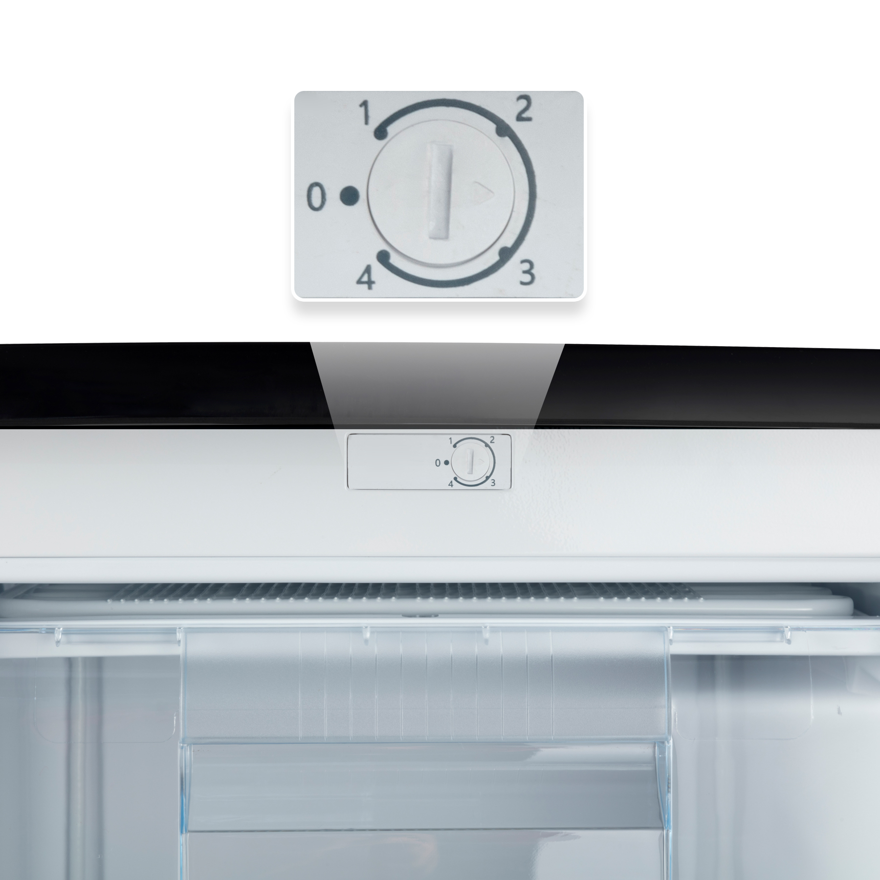Controles del refrigerador, con ajustes de 0 a 4. El interior del refrigerador es visible.