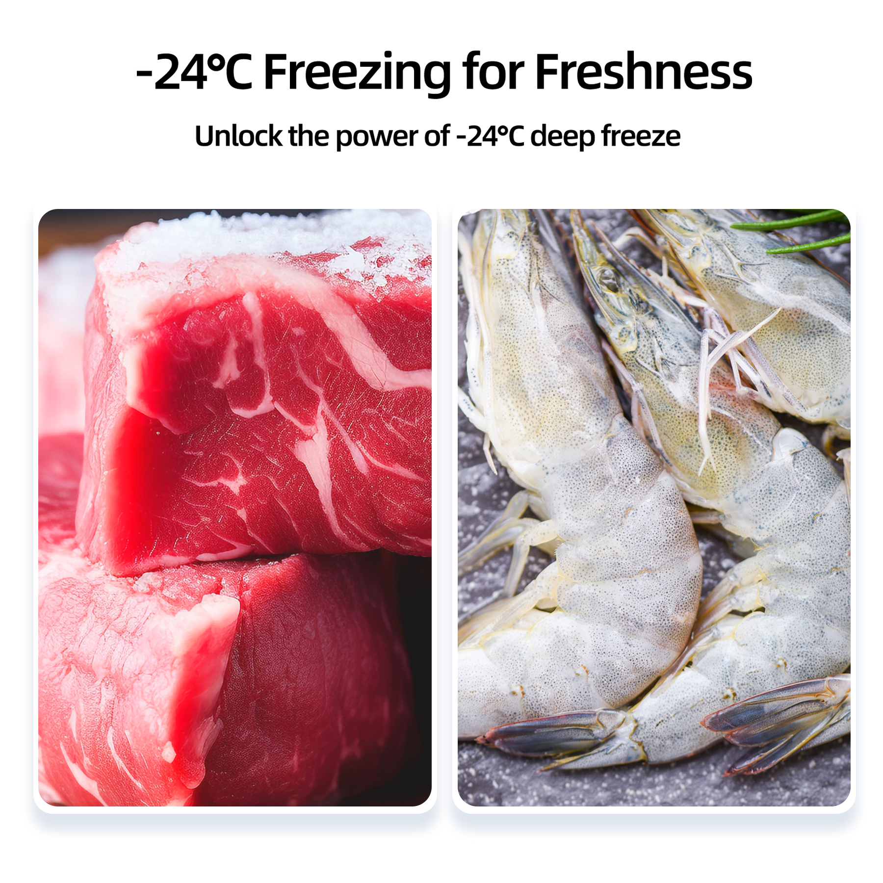 Carne y camarones, frescura de congelación profunda.