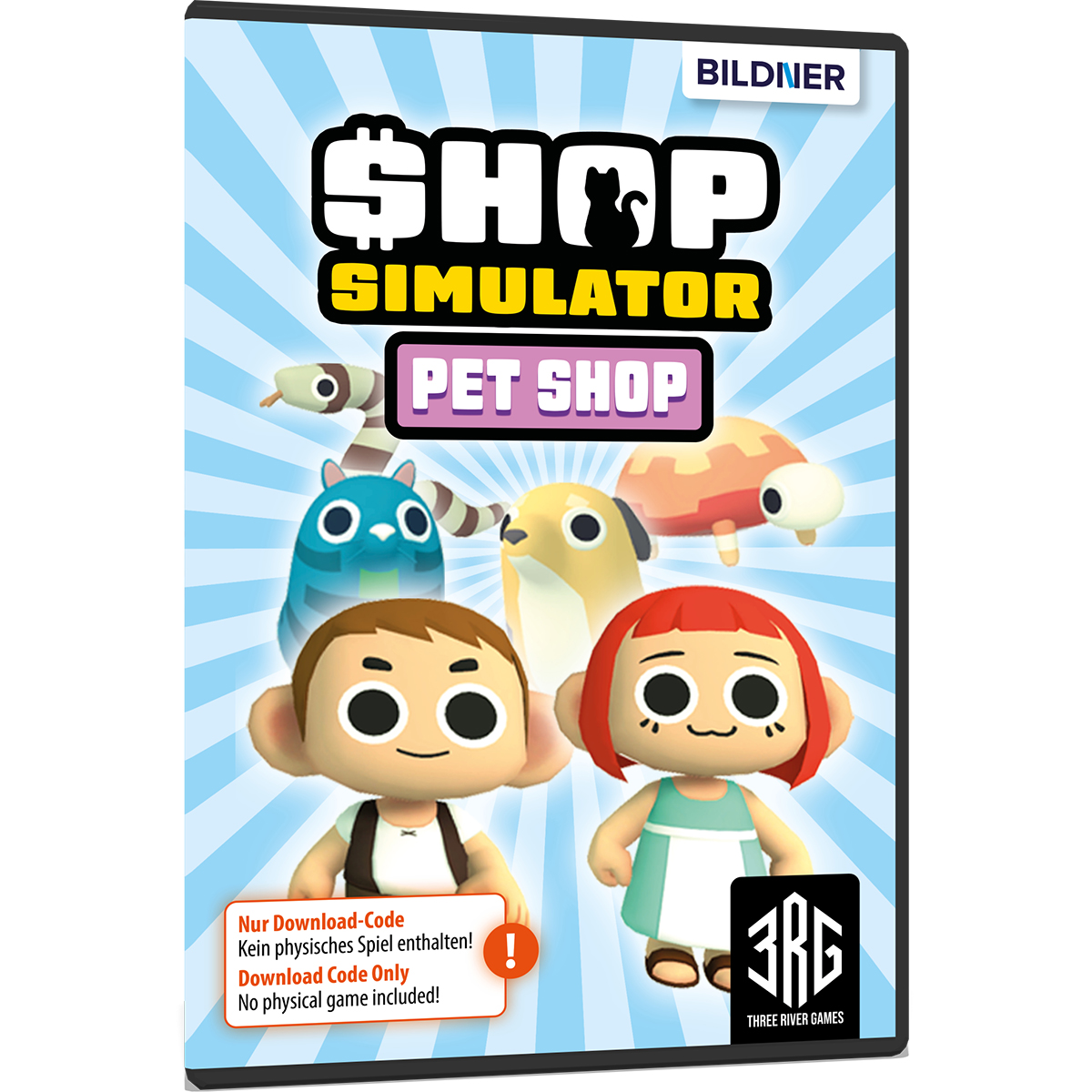 Eine Spielbox für 'Shop Simulator Pet Shop'. Es zeigt Cartoon-Tiere und das Logo des Spiels.