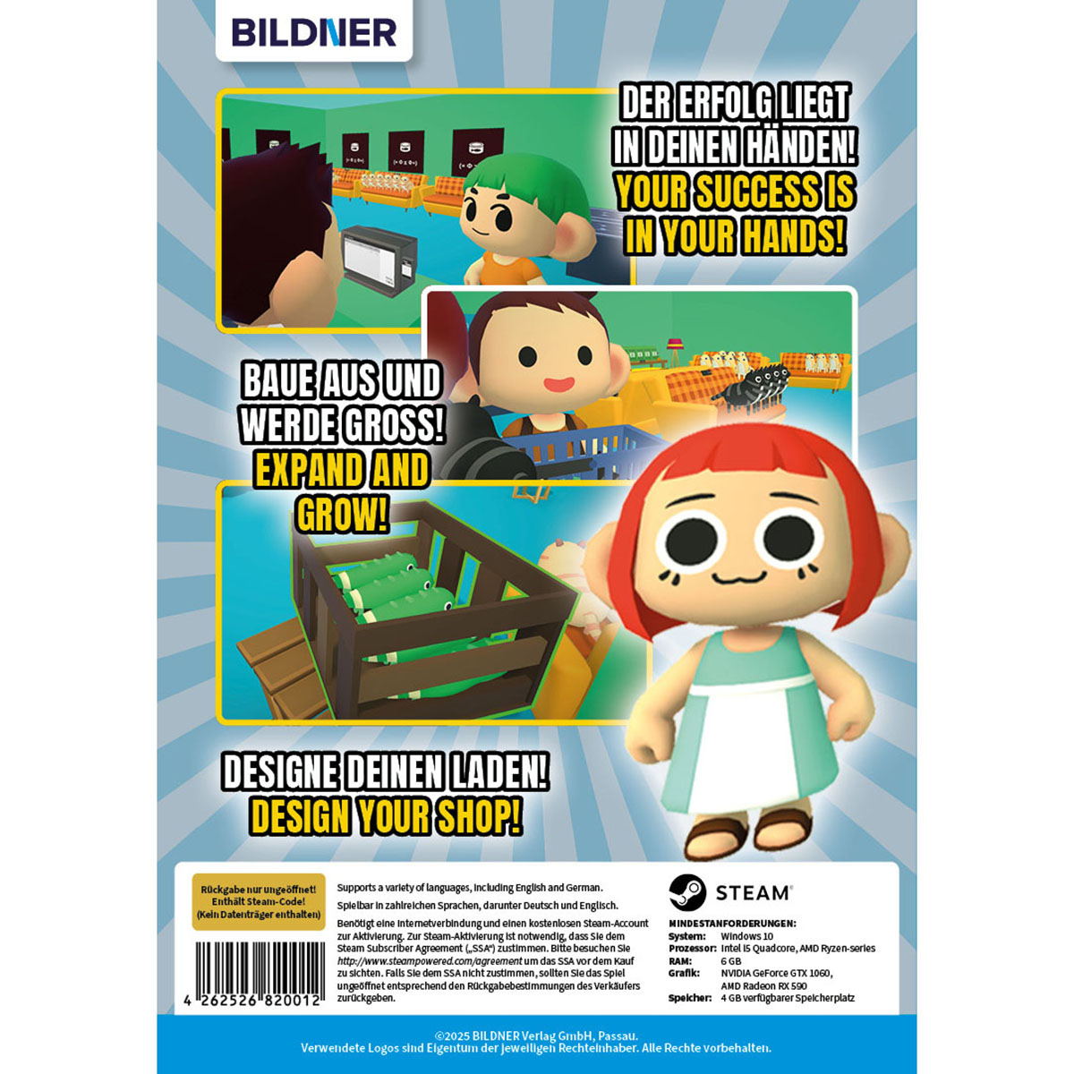Spielbox-Rückseite mit Cartoon-Figuren und Text. Text: Dein Erfolg liegt in deinen Händen!