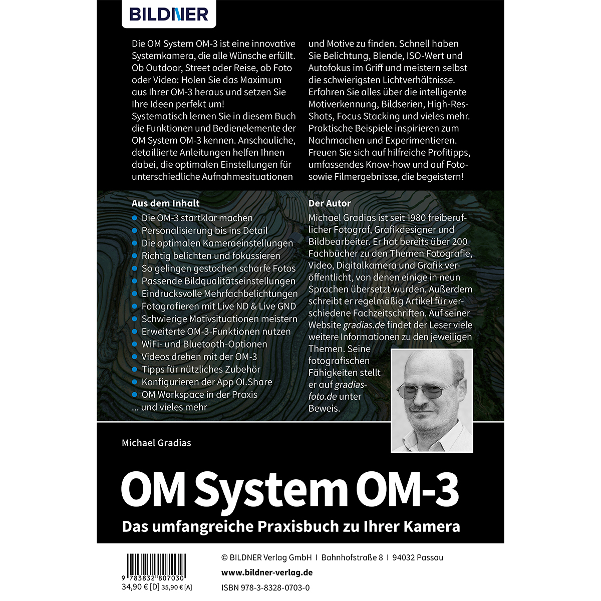 Buchcover mit Text und einem Bild eines Mannes. OM System OM-3, ein Fotografie-Ratgeber.