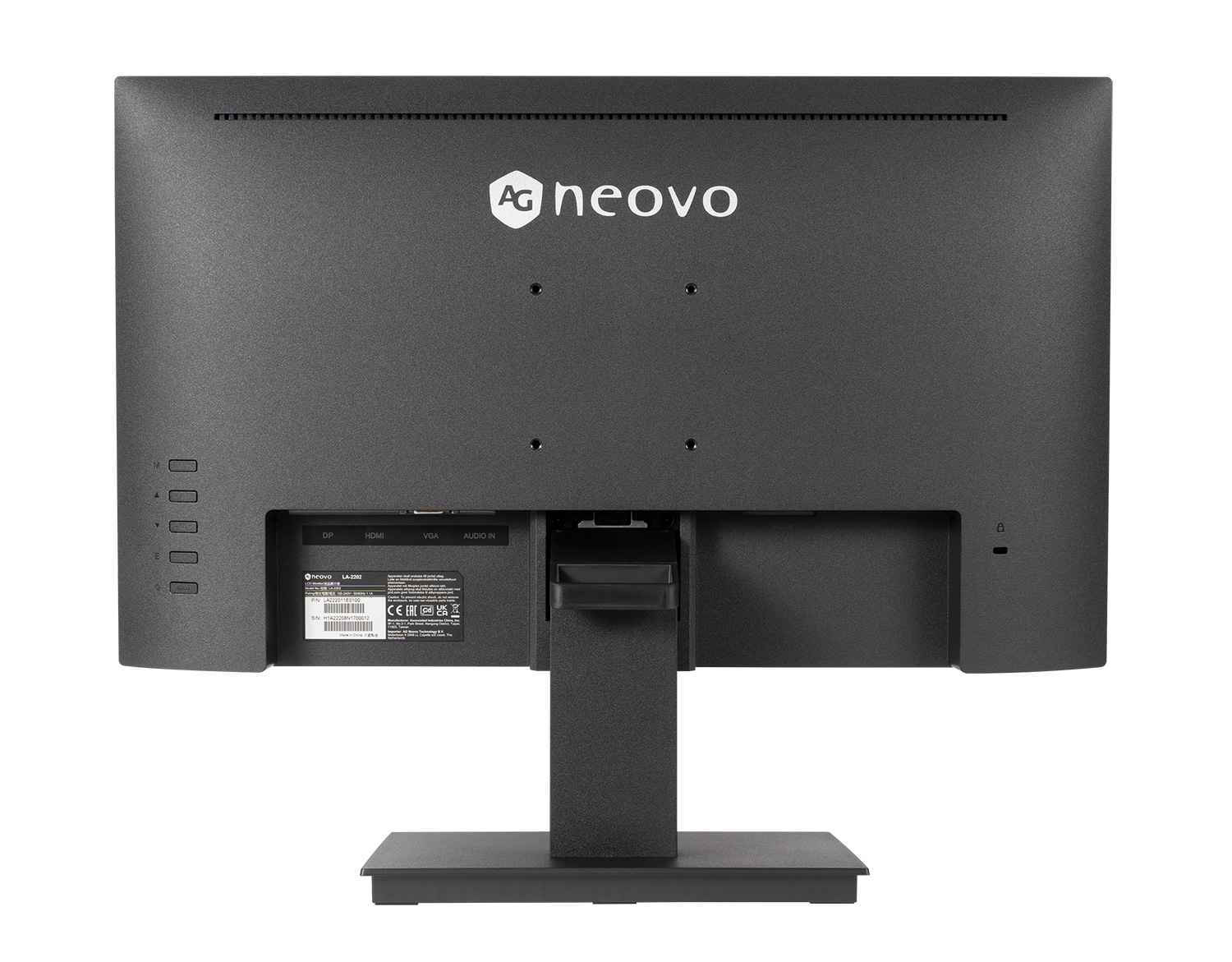 Rückseite eines schwarzen AG Neovo Monitors mit Anschlüssen und Ständer.