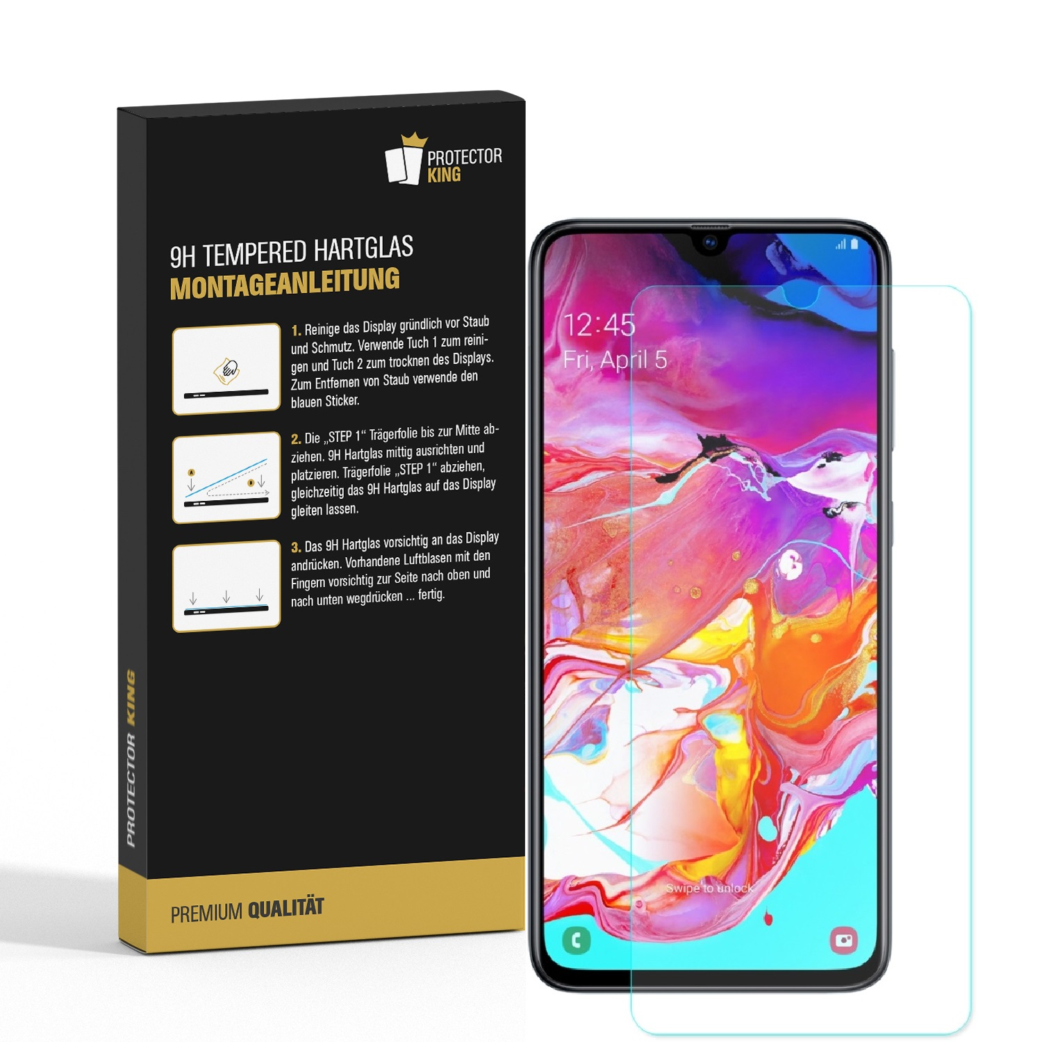 Smartphone mit Displayschutz und einer Box mit Anweisungen. Die Box ist weiß und schwarz.