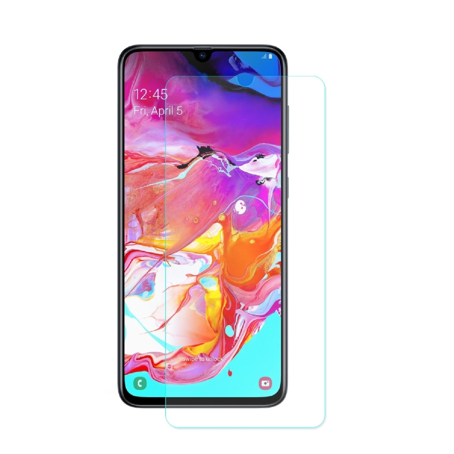 Smartphone mit Displayschutz. Der Bildschirm zeigt ein farbenfrohes abstraktes Bild und die Uhrzeit.