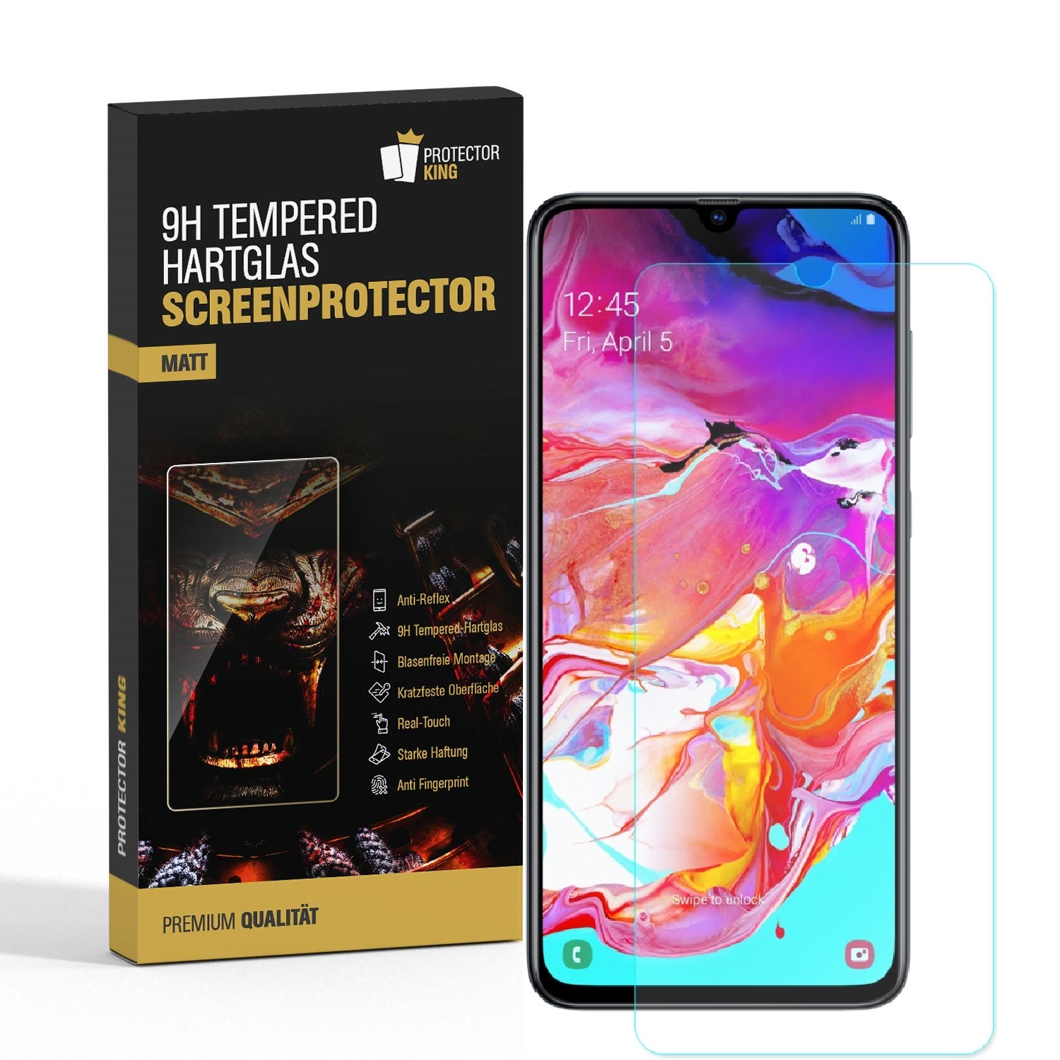 Verpackung für Displayschutzfolie und Telefon mit angebrachter Displayschutzfolie, auf weißem Untergrund.
