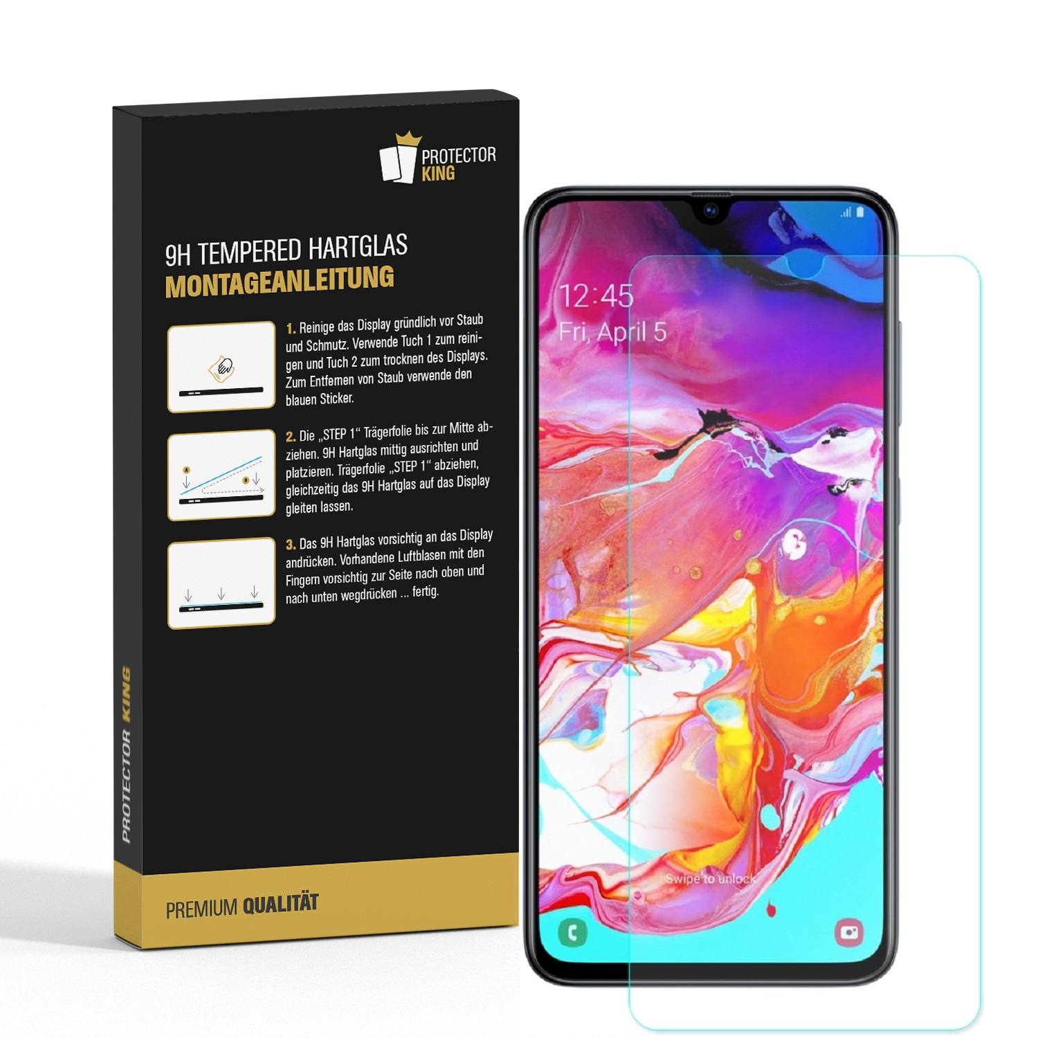 Ein Telefon und Displayschutz liegen mit Anweisungen auf dem Tisch.