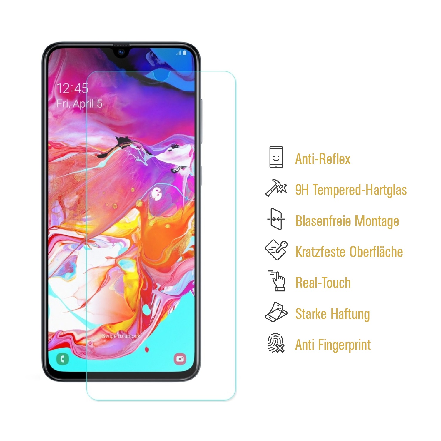Smartphone mit aufgebrachter Displayschutzfolie, zeigt Uhrzeit und bunten Hintergrund.