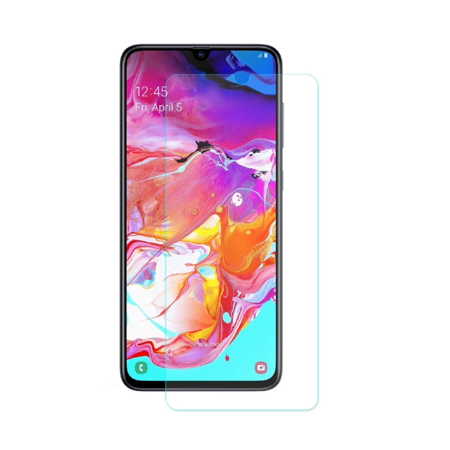 Smartphone mit angebrachtem Displayschutz, zeigt farbenfrohe abstrakte Kunst. Weißer Hintergrund.