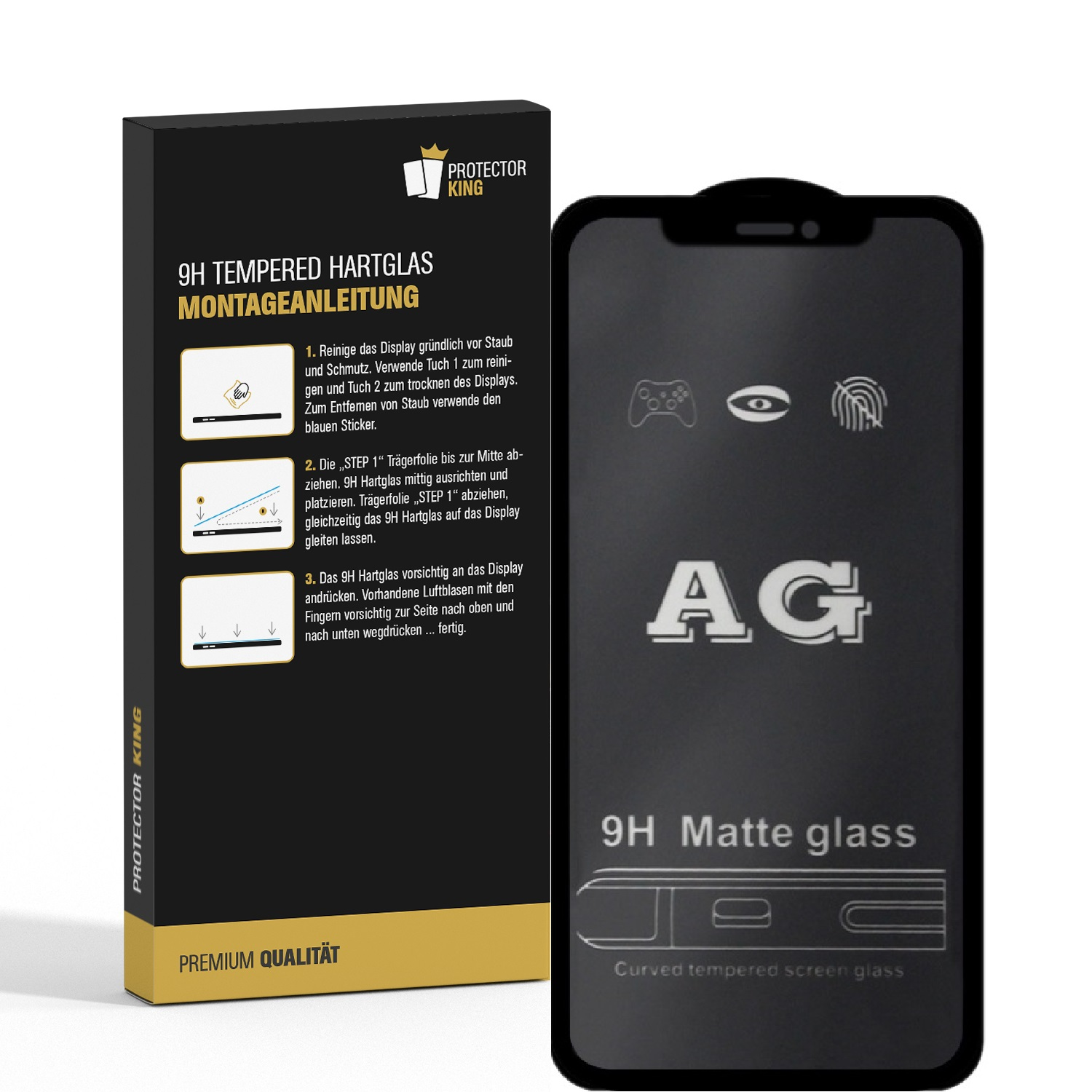 Eine 9H-Hartglas-Displayschutzfolienbox und eine schwarze Displayschutzfolie daneben.