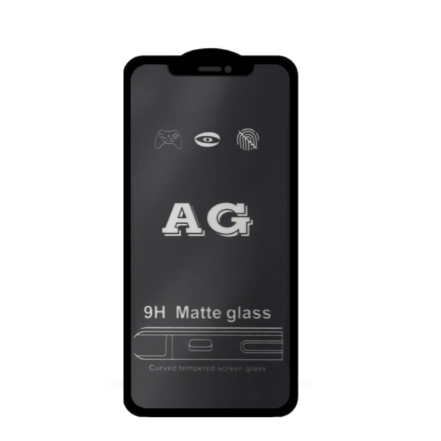 Schwarzer Displayschutz mit Symbolen, 'AG' und '9H Matte glass' Text.