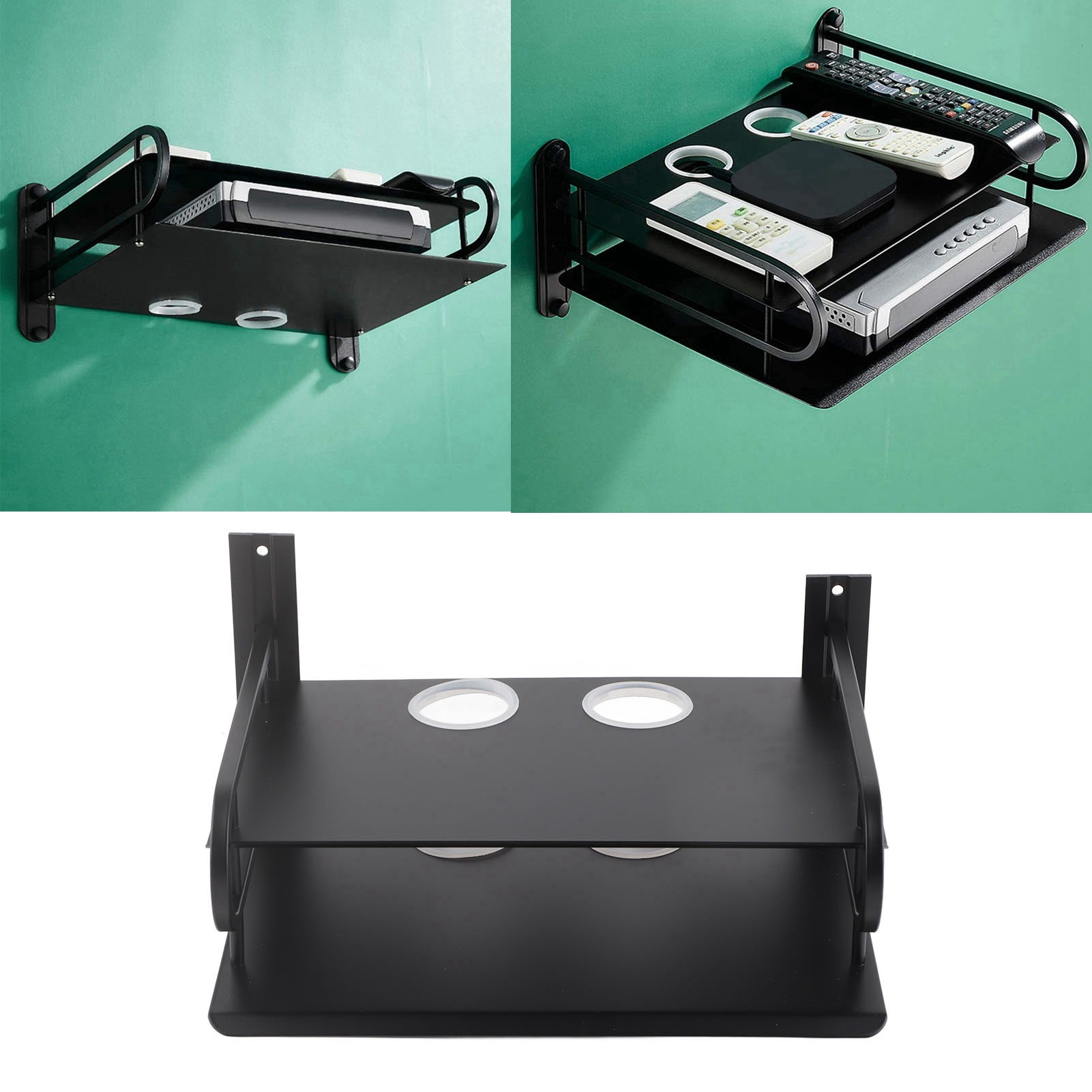 Schwarzes schwebendes Regal mit zwei Ebenen für Mediengeräte. Winkelaufnahmen zeigen Design.