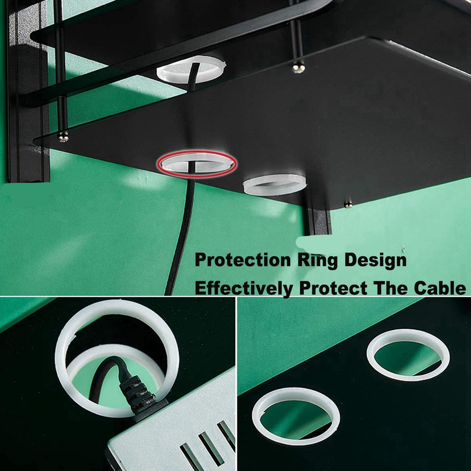 Schwarzes Regal mit Befestigungsringen für Kabel, Nahaufnahme des Designs.