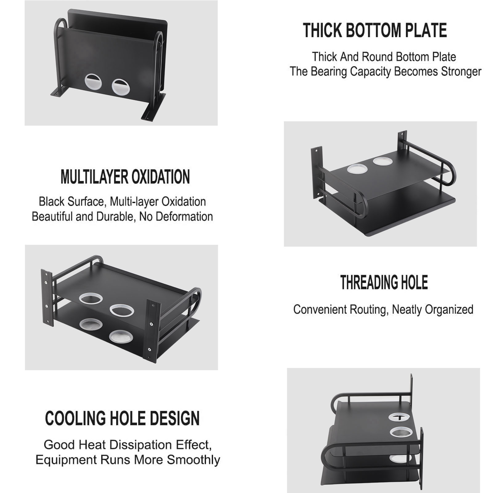 Schwarzer Metallständer mit Löchern und gebogenem Design. Text erwähnt Kühlung und Wärmeableitung.