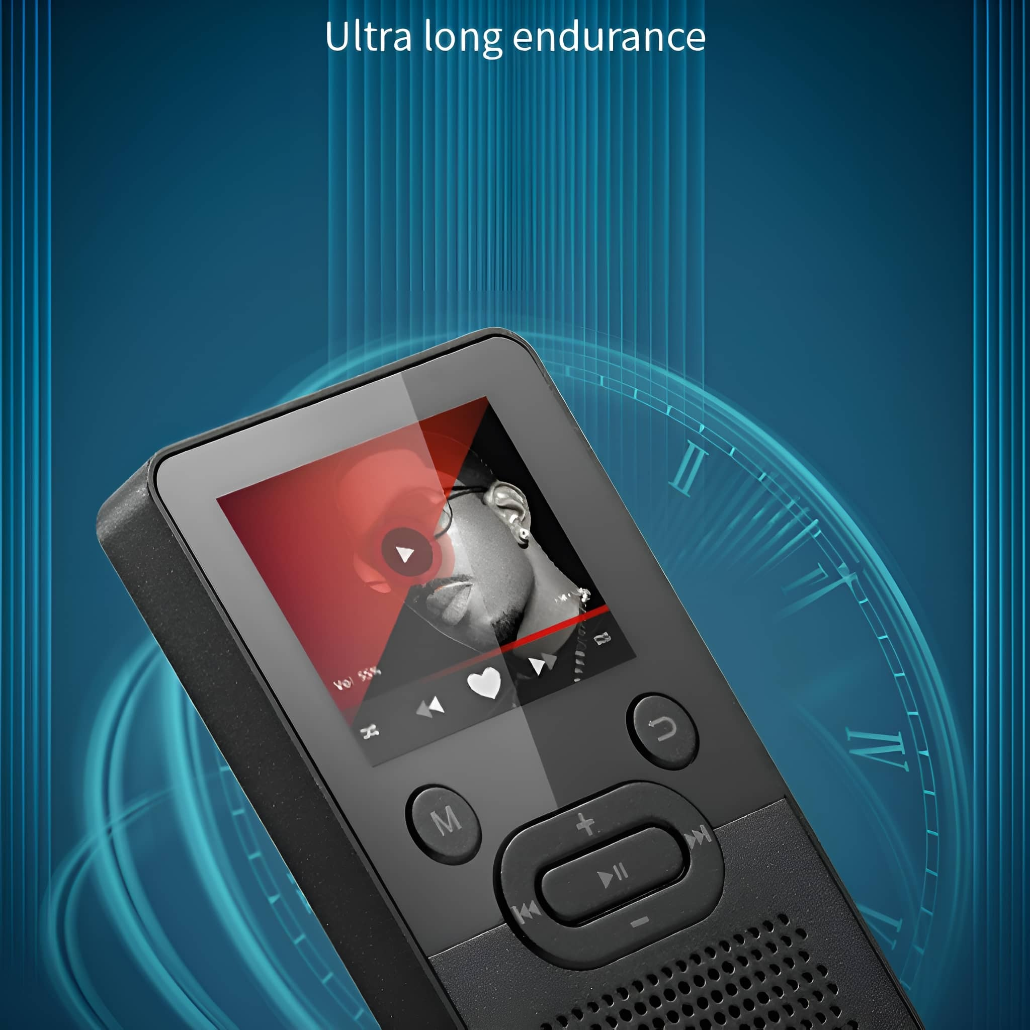 Schwarzer MP3-Player mit Bildschirm, der ein Video zeigt. Der Hintergrund ist blau mit uhrartigen Linien.