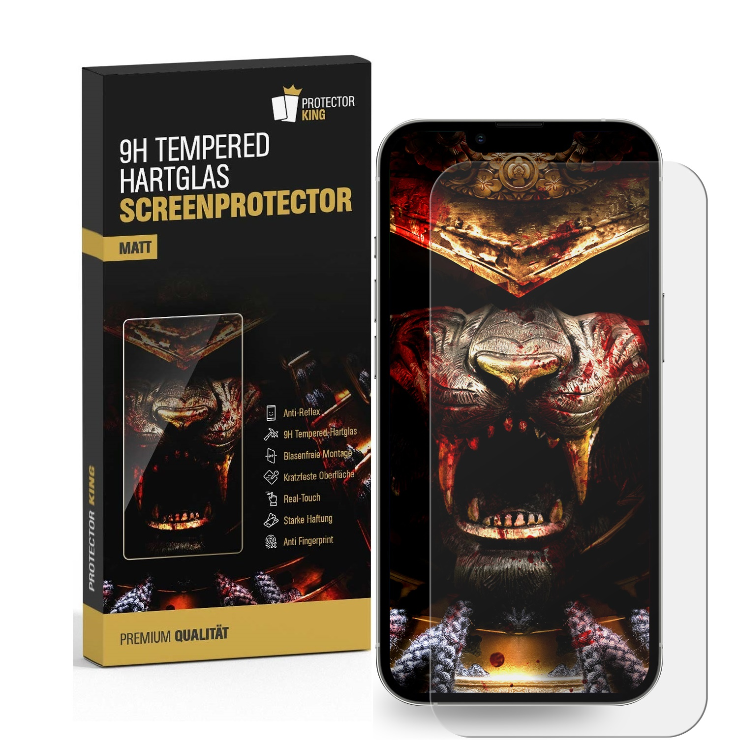 Handy-Displayschutzbox und Panzerglas-Displayschutzfolie neben dem Handy mit einem Monsterbild.