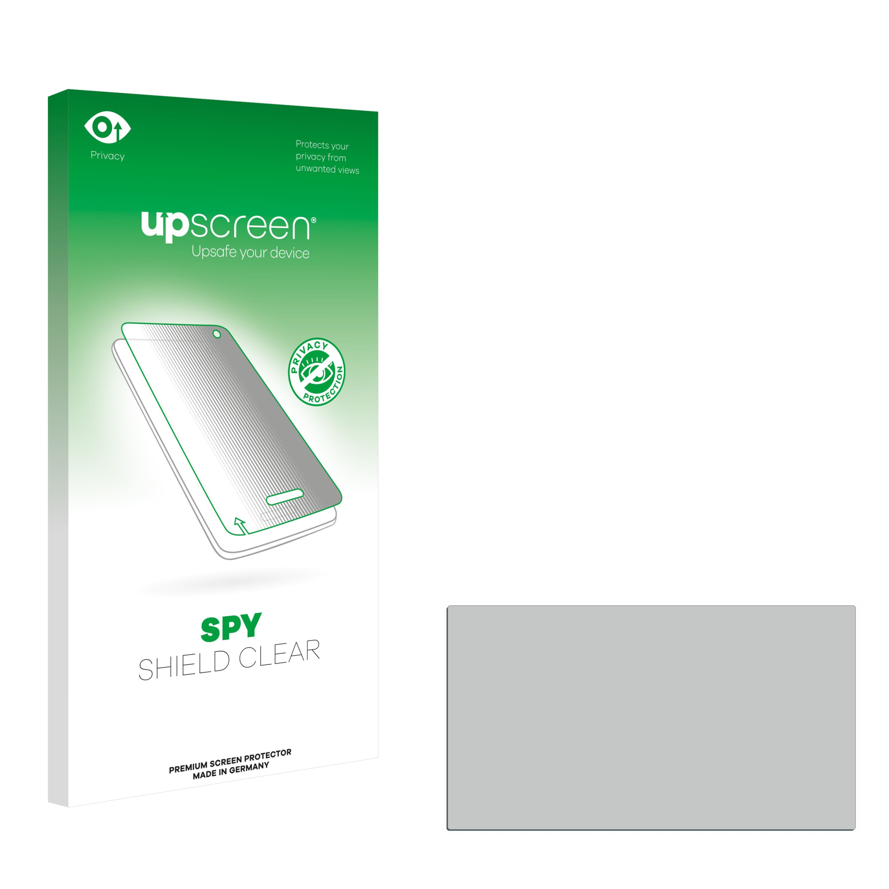Schachtel eines Displayschutzglases mit Telefonbild und Text. Sagt 'SPY SHIELD CLEAR'.