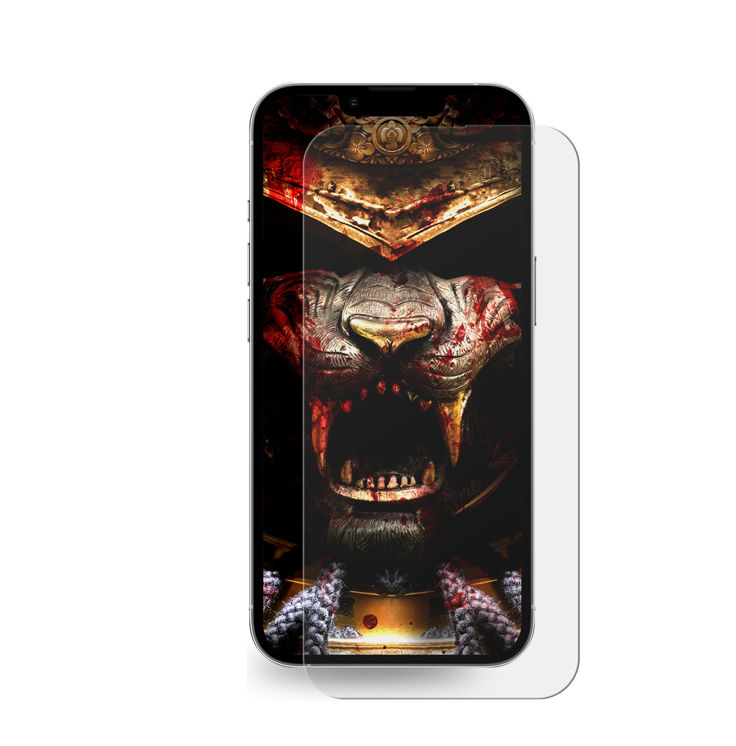 Displayschutzfolie auf einem Telefon angebracht. Das Design ist ein detailliertes, blutiges Monstergesicht.