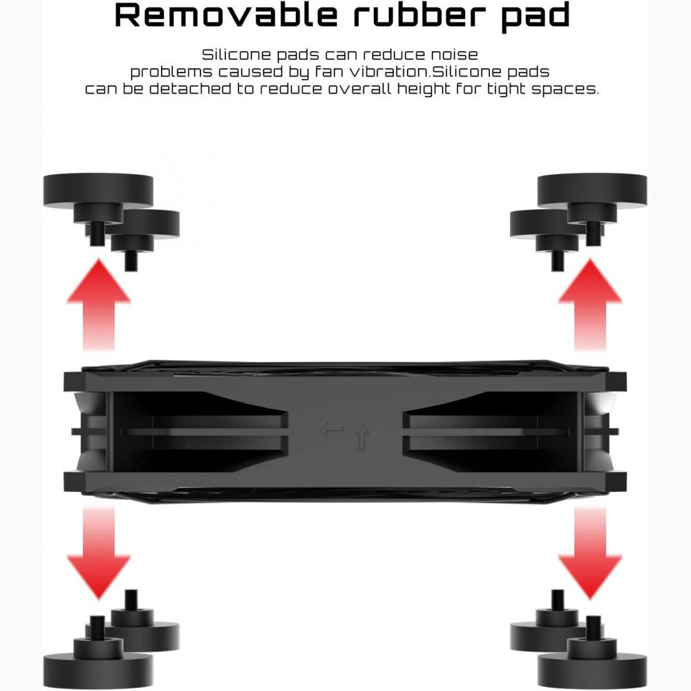 Schwarzes Gerät mit roten Pfeilen, die die Position der abnehmbaren Gummipads anzeigen.
