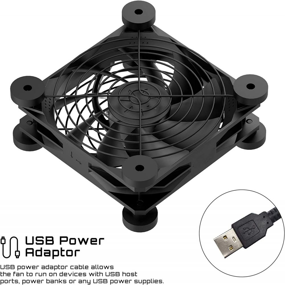 Schwarzer Lüfter mit USB-Stromadapterkabel und USB-Anschluss.