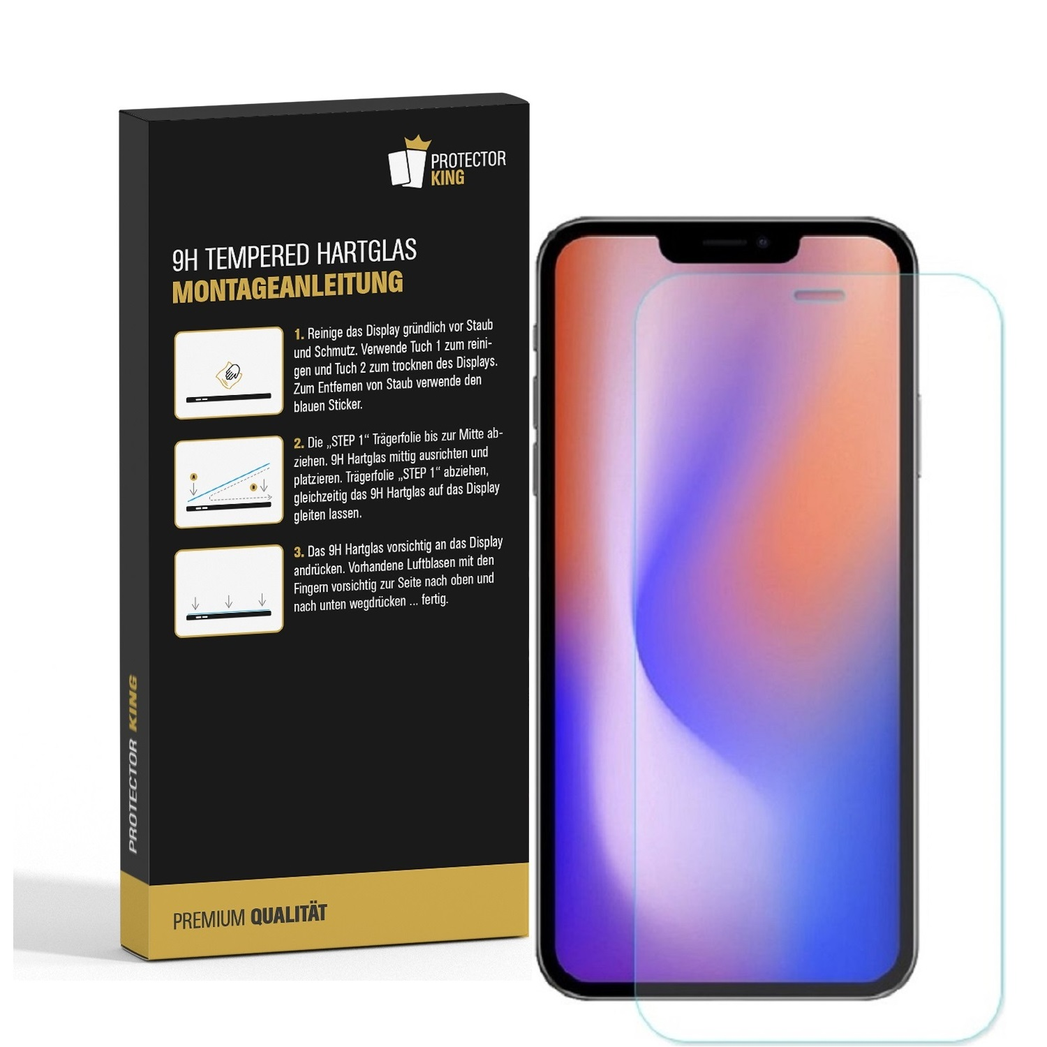 Ein Telefon mit Displayschutzfolie und eine Box mit Anweisungen zum Anbringen der Folie.