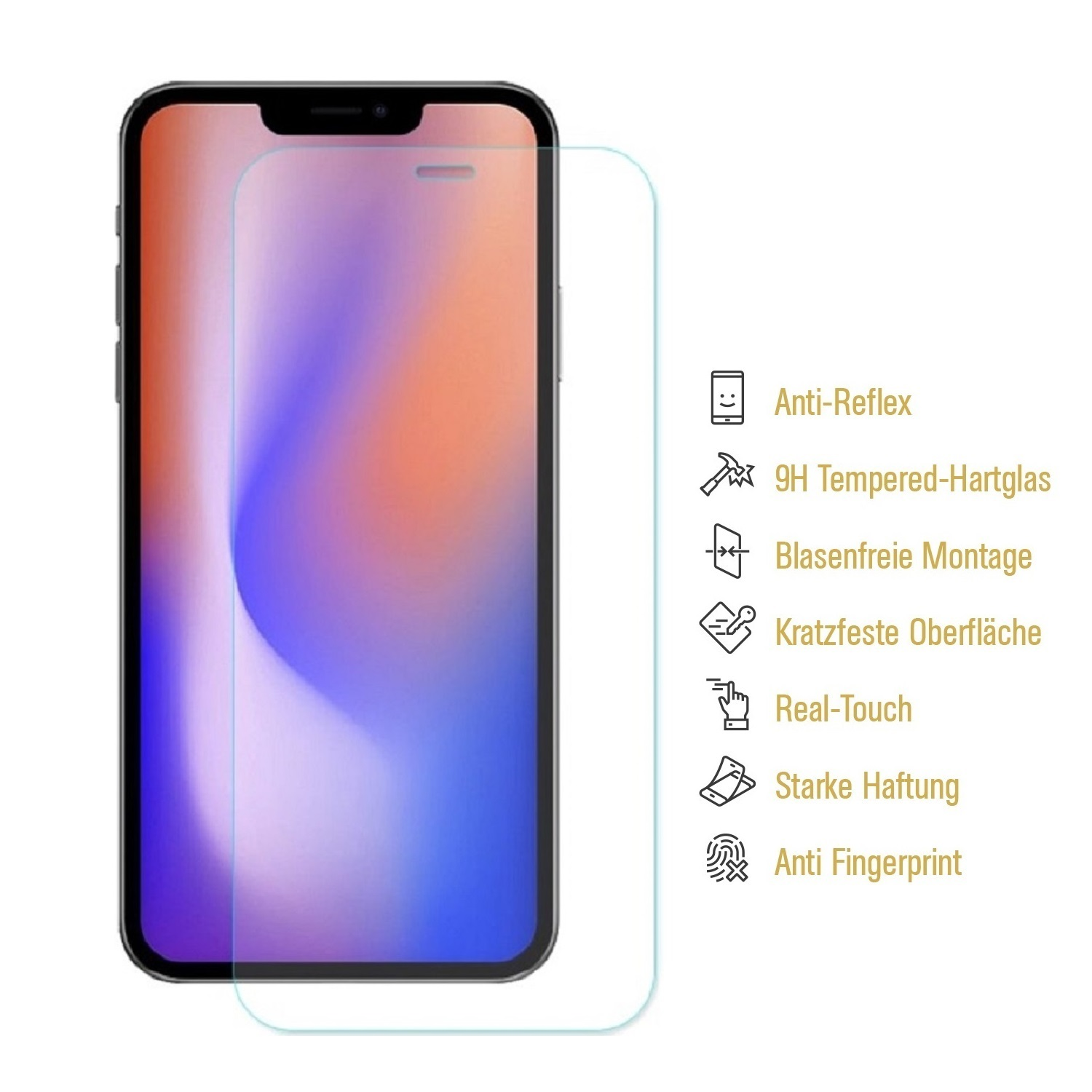 Telefon mit angebrachter Displayschutzfolie. Text an der Seite. Weißer Hintergrund.