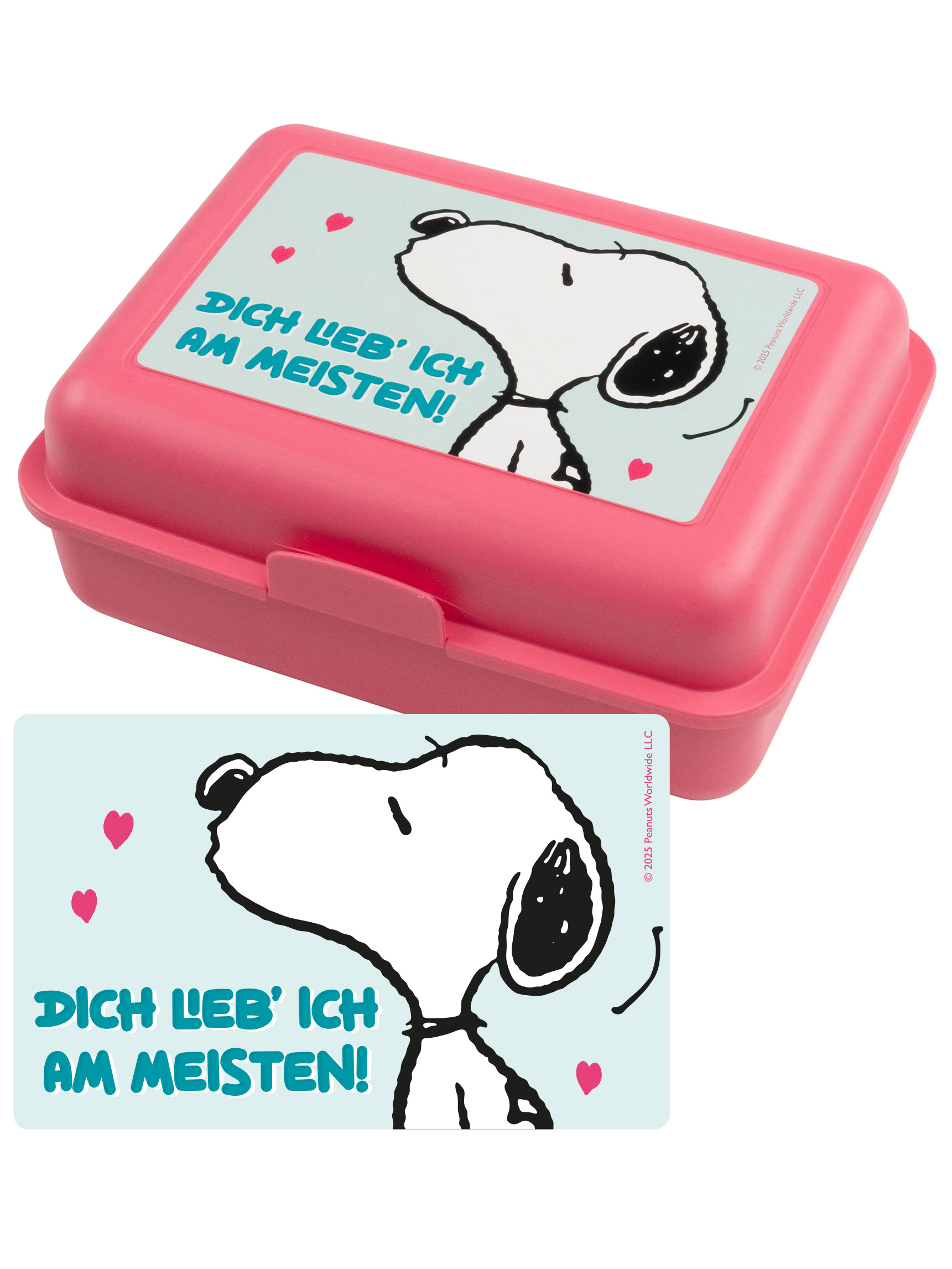 Rosa Snoopy-Brotdose mit Aufkleber. Snoopy-Gesicht und Text: „Ich liebe dich am meisten!“. Weißer Hintergrund.
