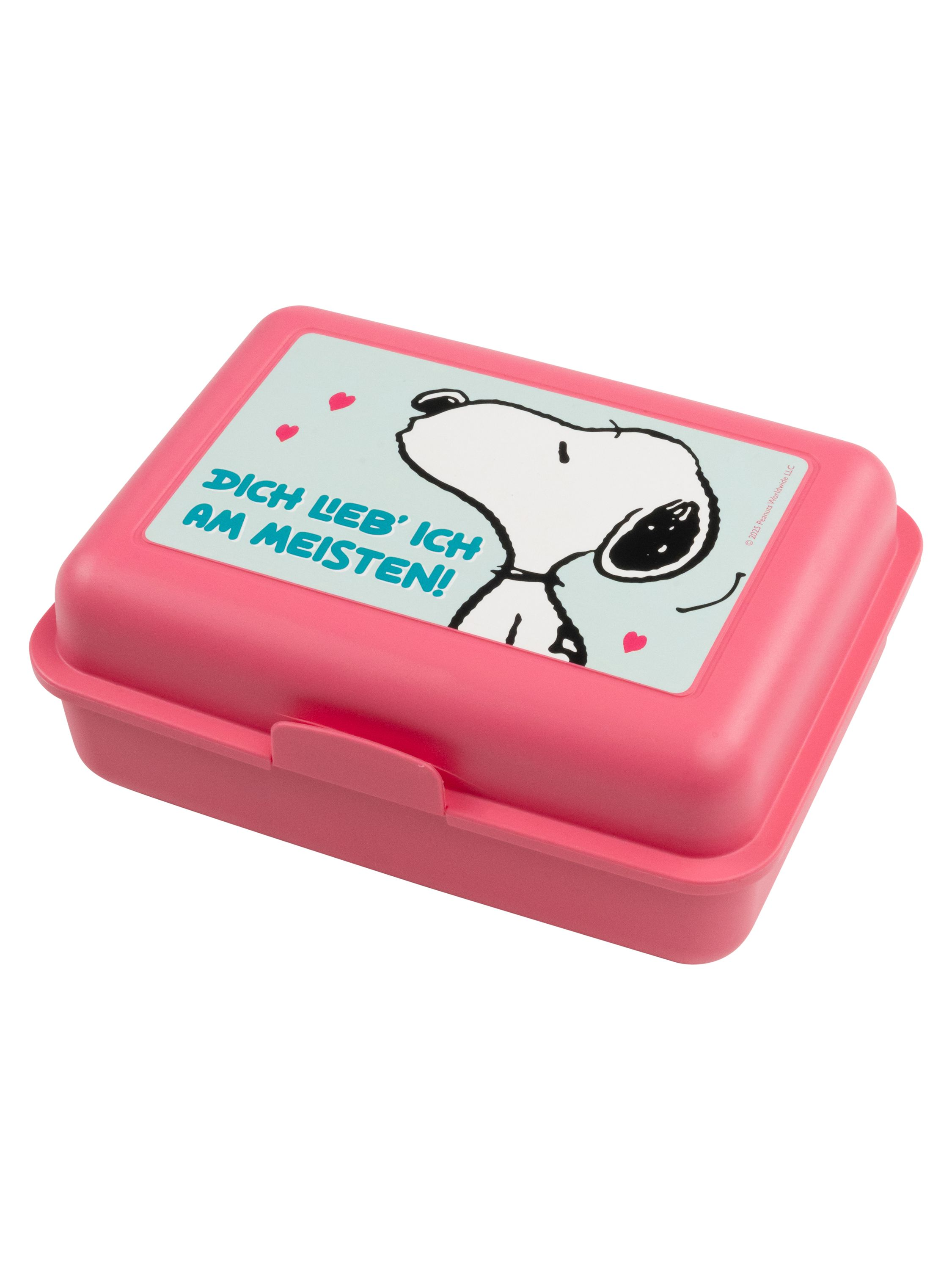 Eine rosa Brotdose mit Snoopy, mit dem Satz: „Ich liebe dich am meisten“.