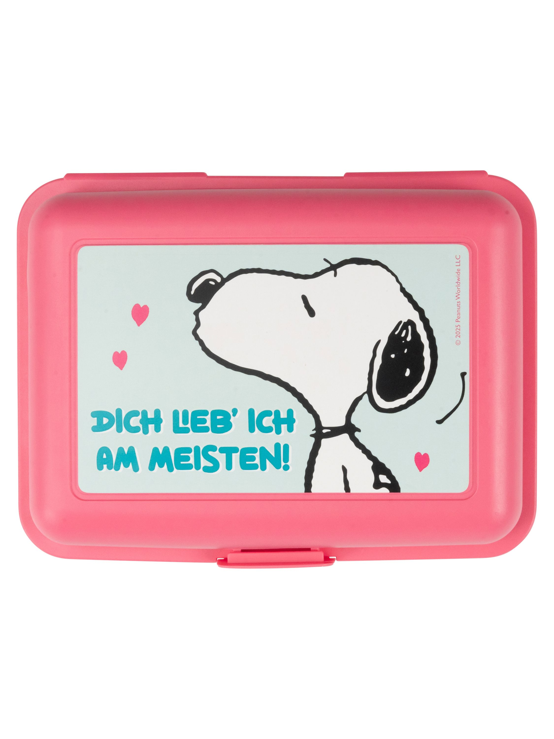 Rosa Brotdose mit Snoopy und Text.