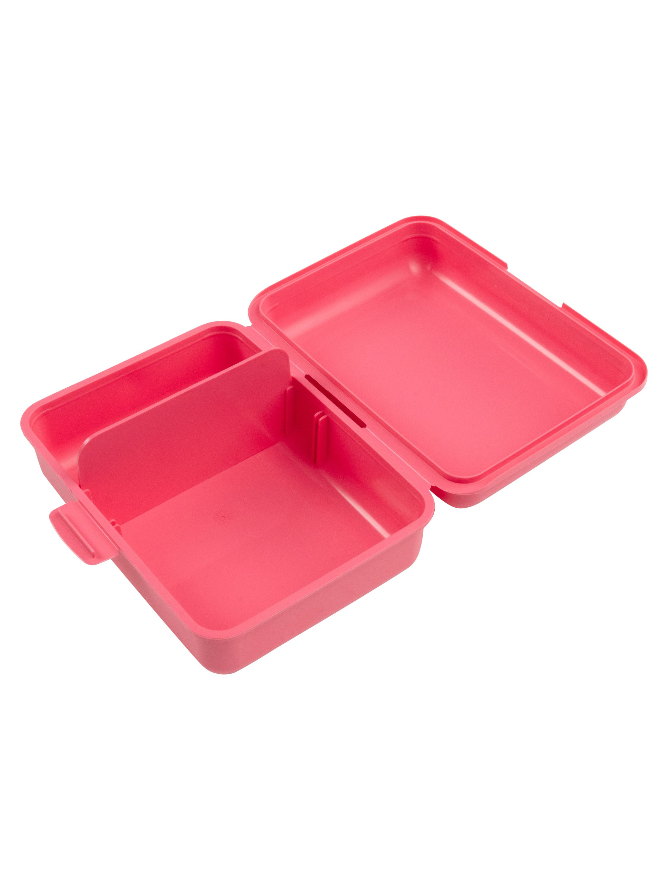 Eine offene, rosa Lunchbox mit einer Trennwand. Die Brotdose ist leer und bereit zum Befüllen.