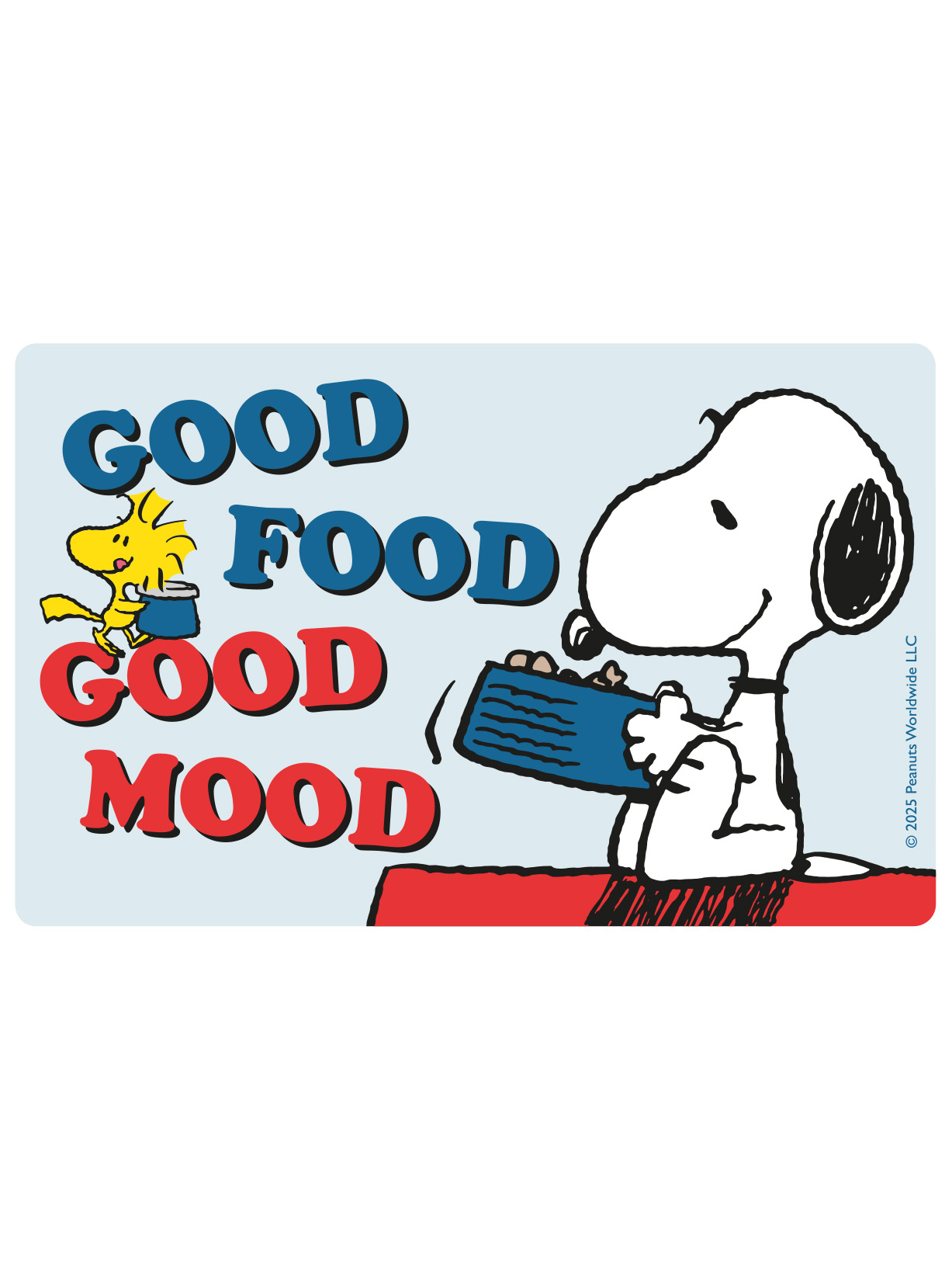 Snoopy und Woodstock mit Text: Gutes Essen, gute Laune. Snoopy hält eine Schüssel.