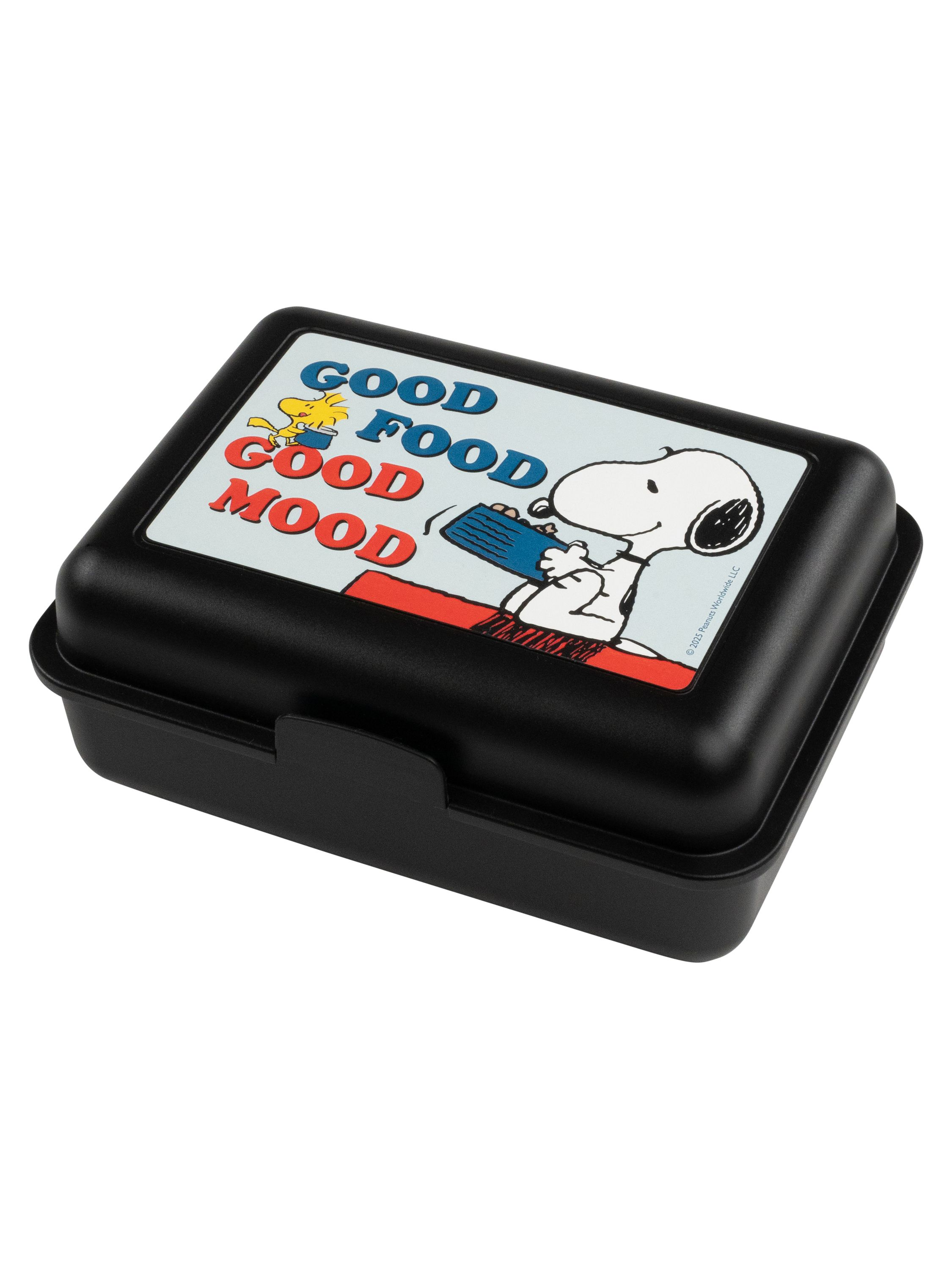Schwarze Snoopy-Brotdose mit dem Text 'GUTES ESSEN GUTE LAUNE'. Snoopy mit einem Spatel.