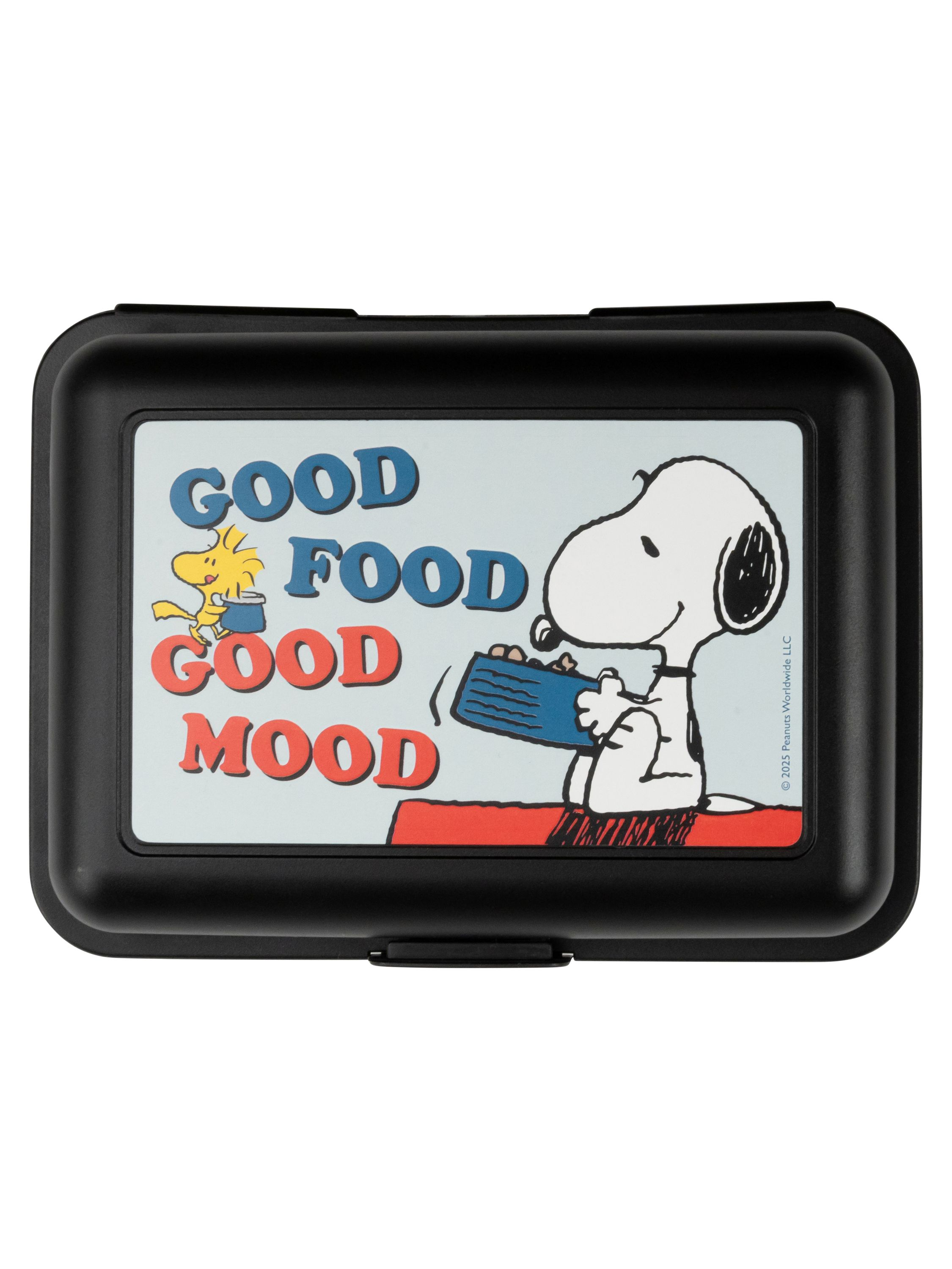 Schwarze Brotdose mit Snoopy und Woodstock auf dem Deckel, die eine blaue Box halten.