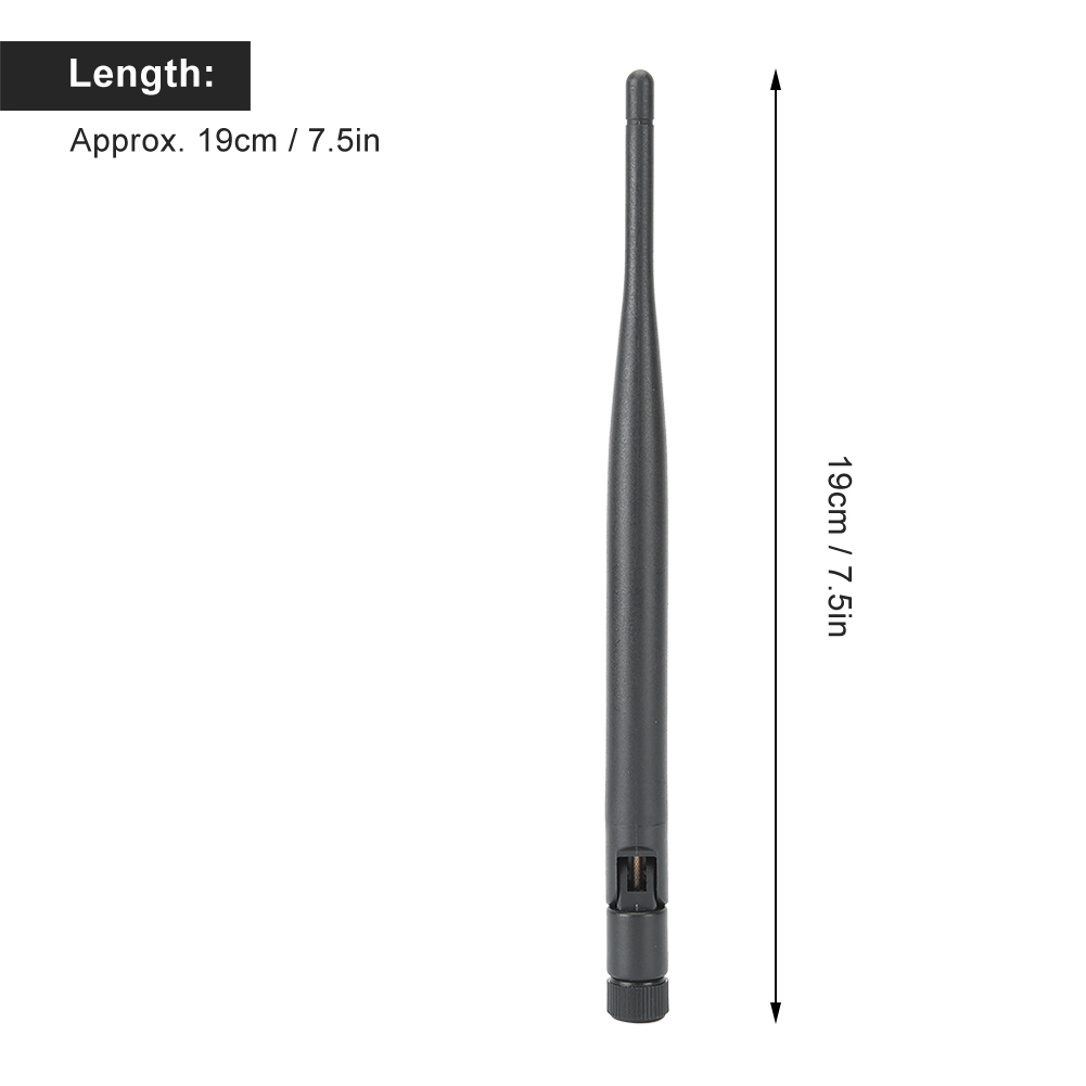 Eine schwarze Antenne mit schwarzem Sockel und schwarzer Spitze. Die Länge beträgt 19cm / 7,5in.