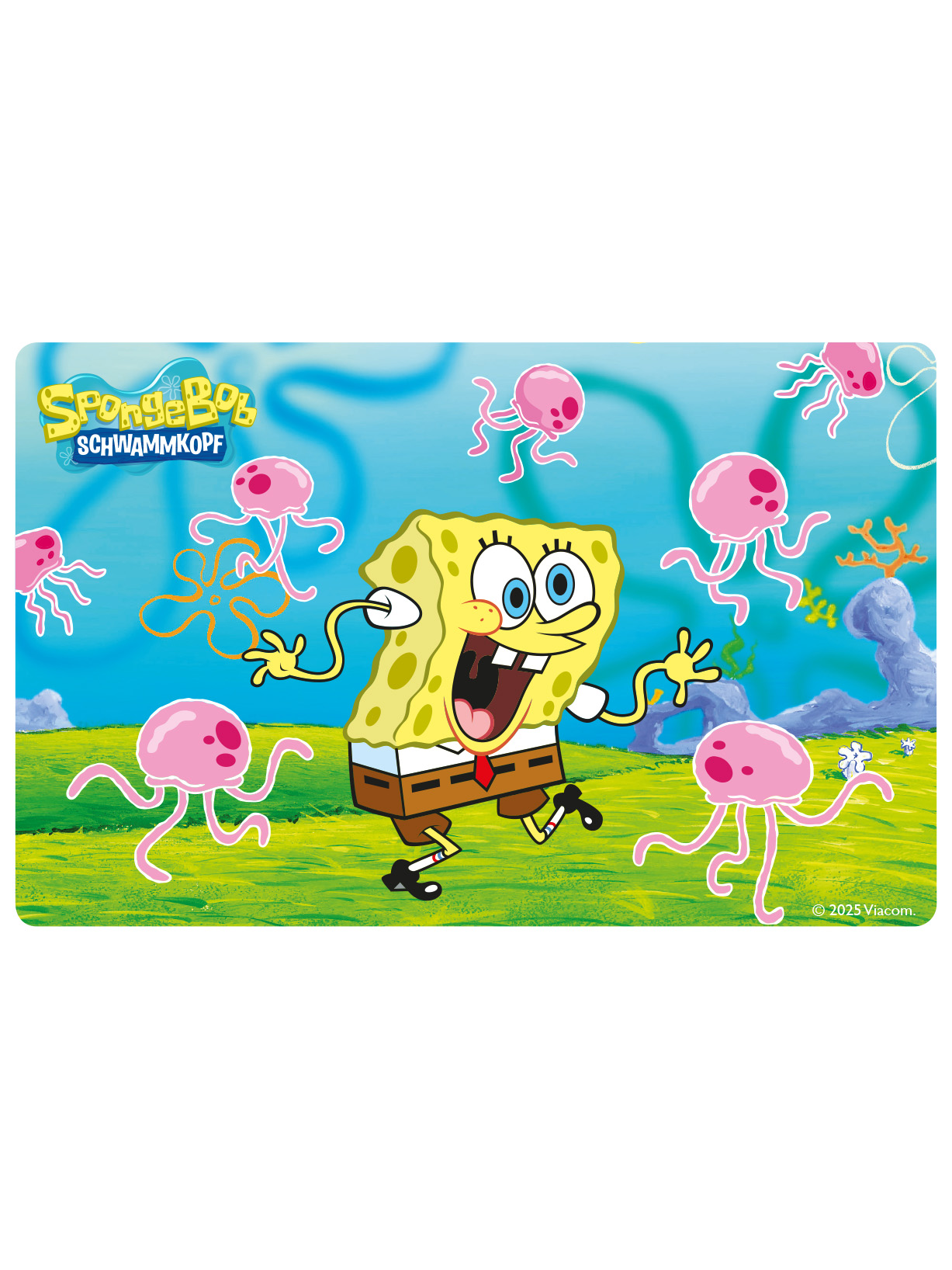 SpongeBob Schwammkopf Cartoon, mit SpongeBob, der zwischen rosa Quallen auf blauem und grünem Hintergrund rennt.