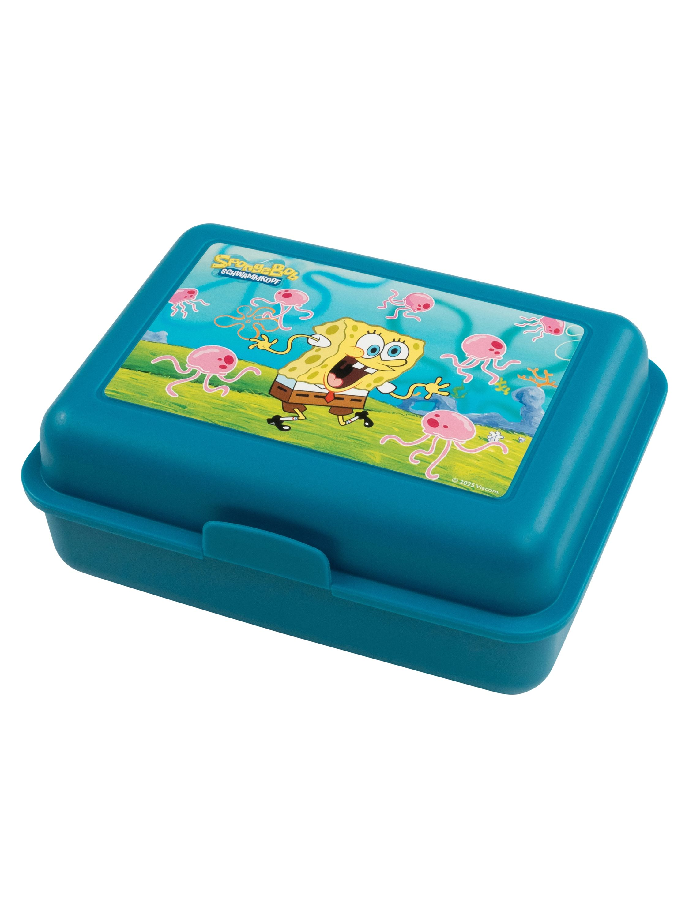 Eine blaue Brotdose mit SpongeBob Schwammkopf-Design und rosa Quallen auf der Oberseite.