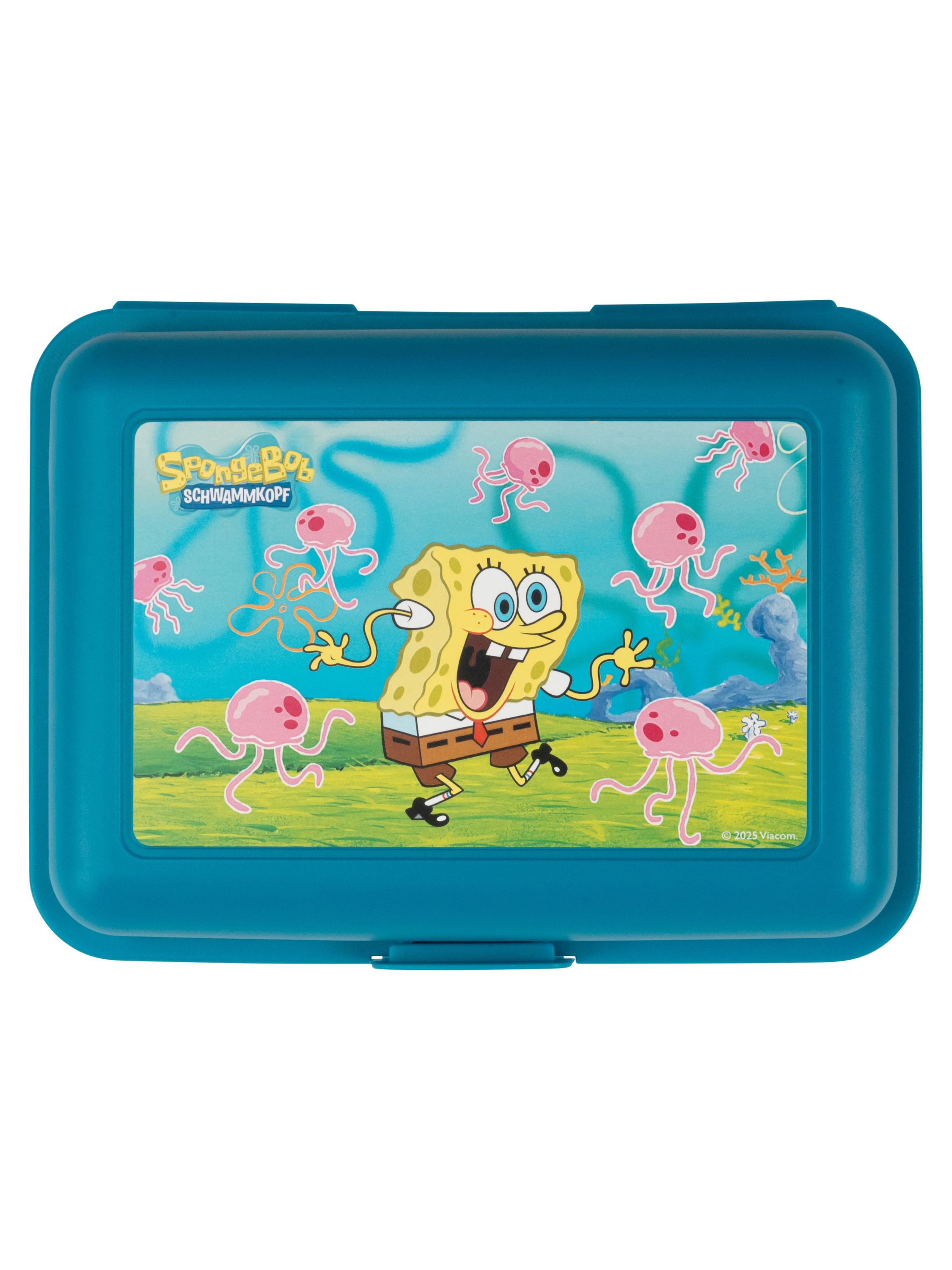 Blaue Brotdose mit SpongeBob Schwammkopf und Quallen auf dem Deckel.